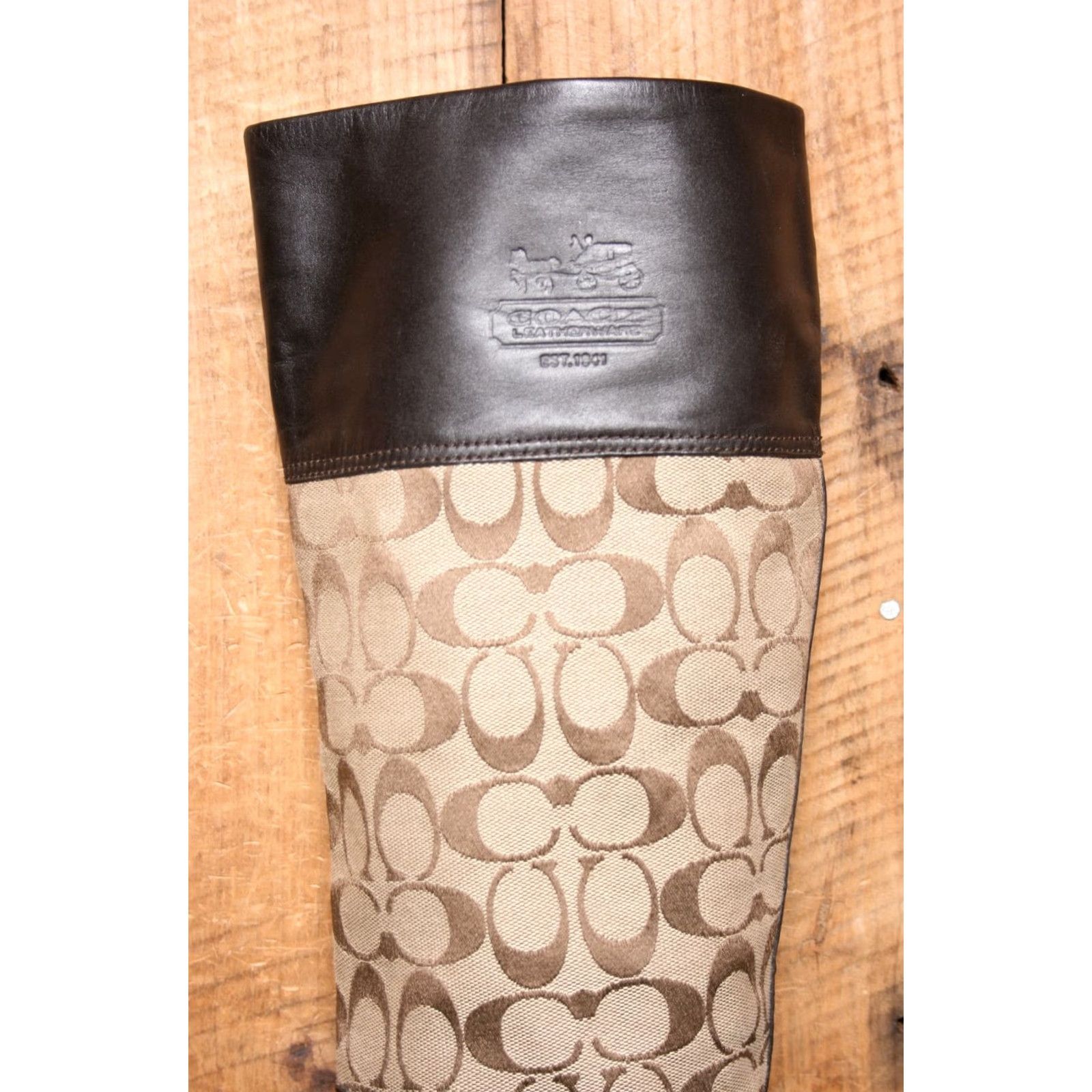 Coach VINTAGE COACH 'Chrissi' Brown Leather Khaki Signature Logo Jacquard Riding Boots Sz. 9B Women Knee High Leather | Canvas Brown Riding Boot Mens? Size US 9 / IT 39 - 7 Thumbnail