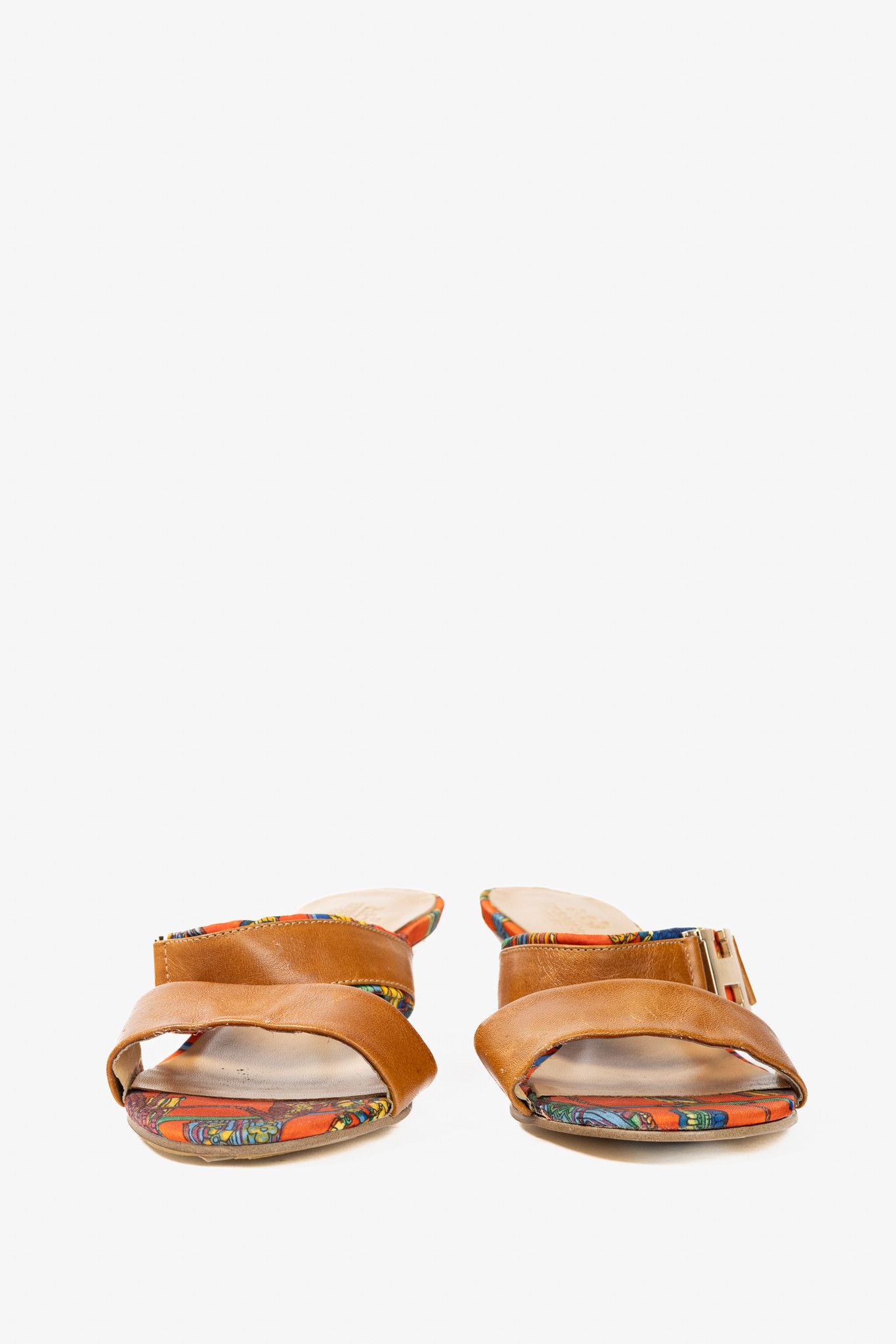 Hermes Hermes Brown Leather & Orange Printed-Silk Mule Sandals Size US 7.5 / IT 37.5 - 3 Thumbnail