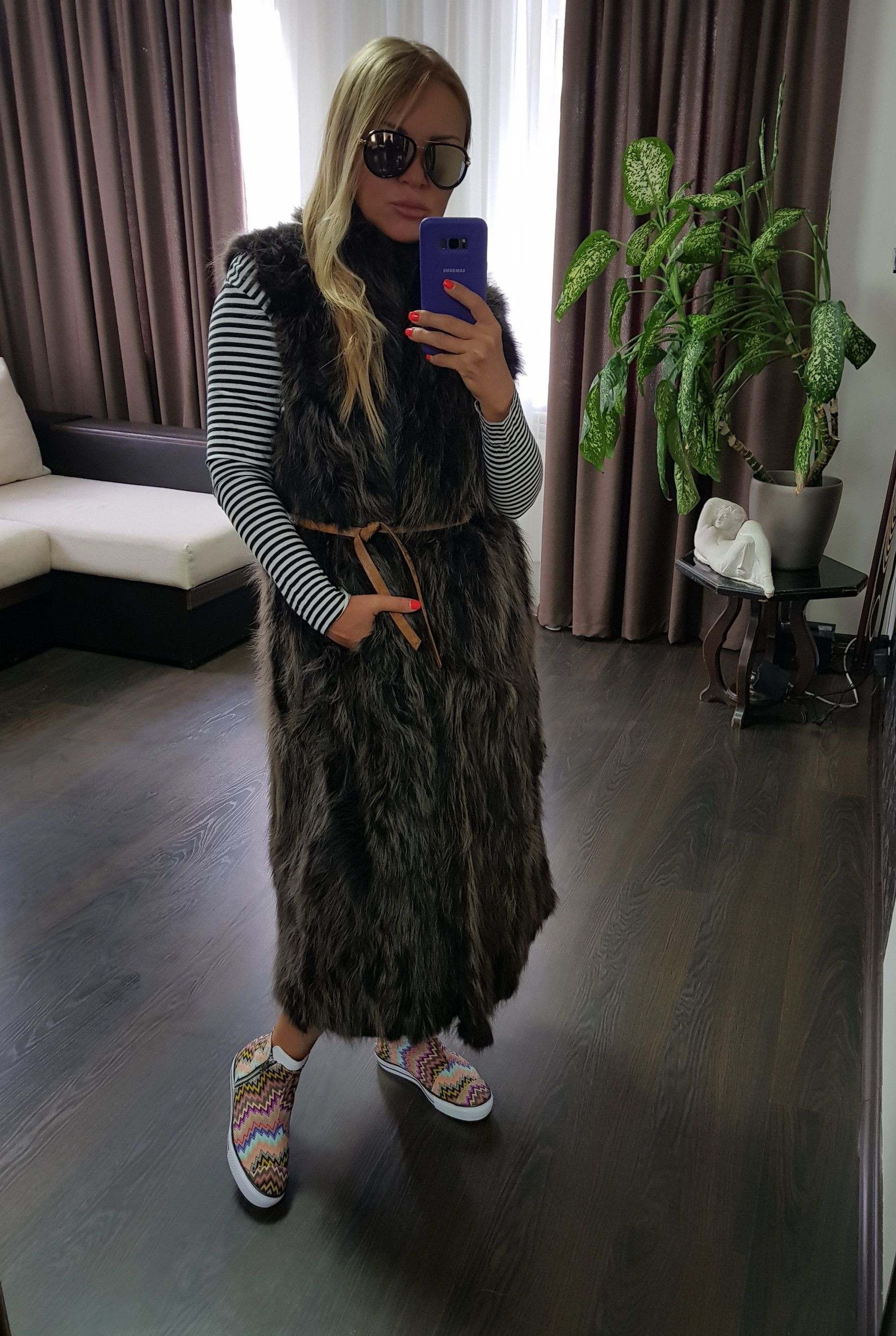 Genuine Leather Real fur black / brown long vest Size L / US 10 / IT 46 - 3 Thumbnail