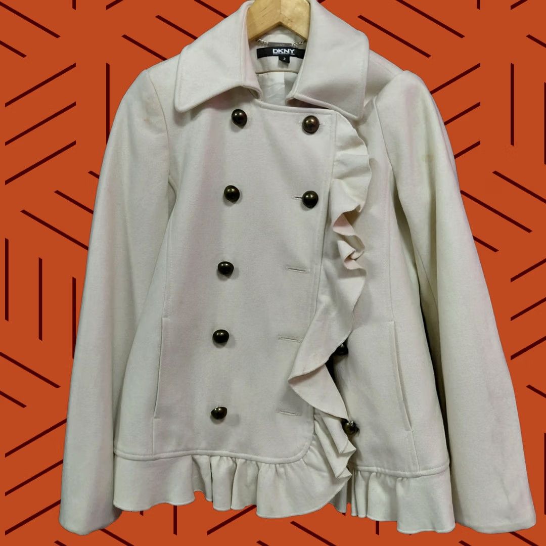 DKNY DKNY Jacket White Solid Ruffle Trim Double Breasted Long Sleeve Women Size 2 means? Size XS / US 0-2 / IT 36-38 - 1 Thumbnail