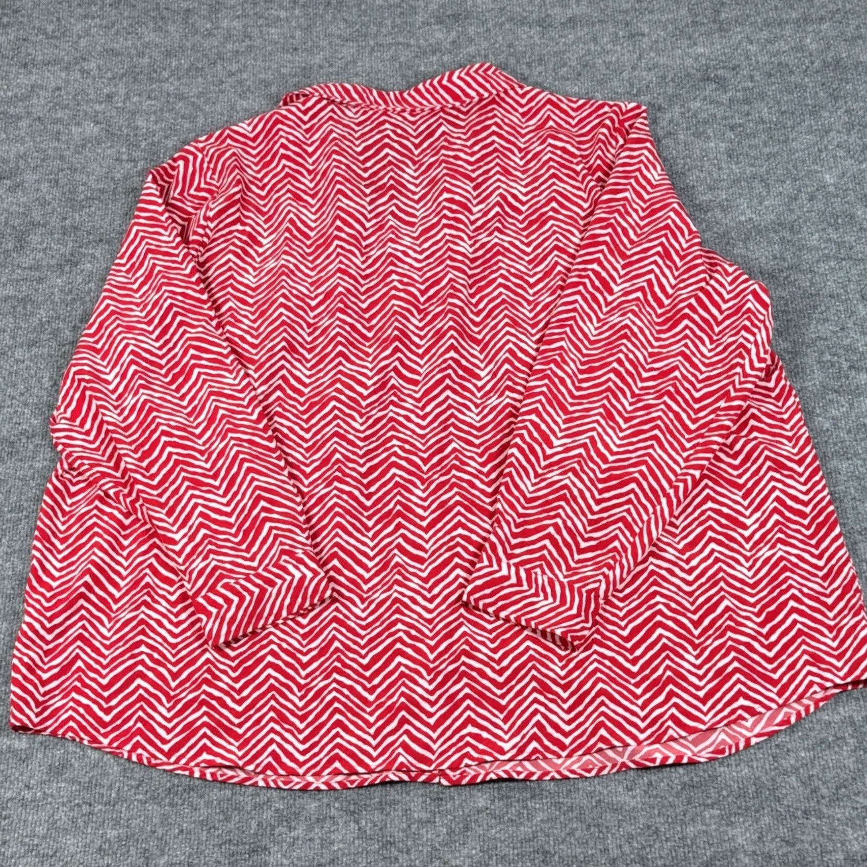 Vintage Susan Graver Button-Up Blouse V-Neck Red White Chevron Print 3XL Geometric Long Sleeve Plus Size Womens Clothing Holiday Size XXL / US 16-18 / IT 52-54 - 4 Thumbnail
