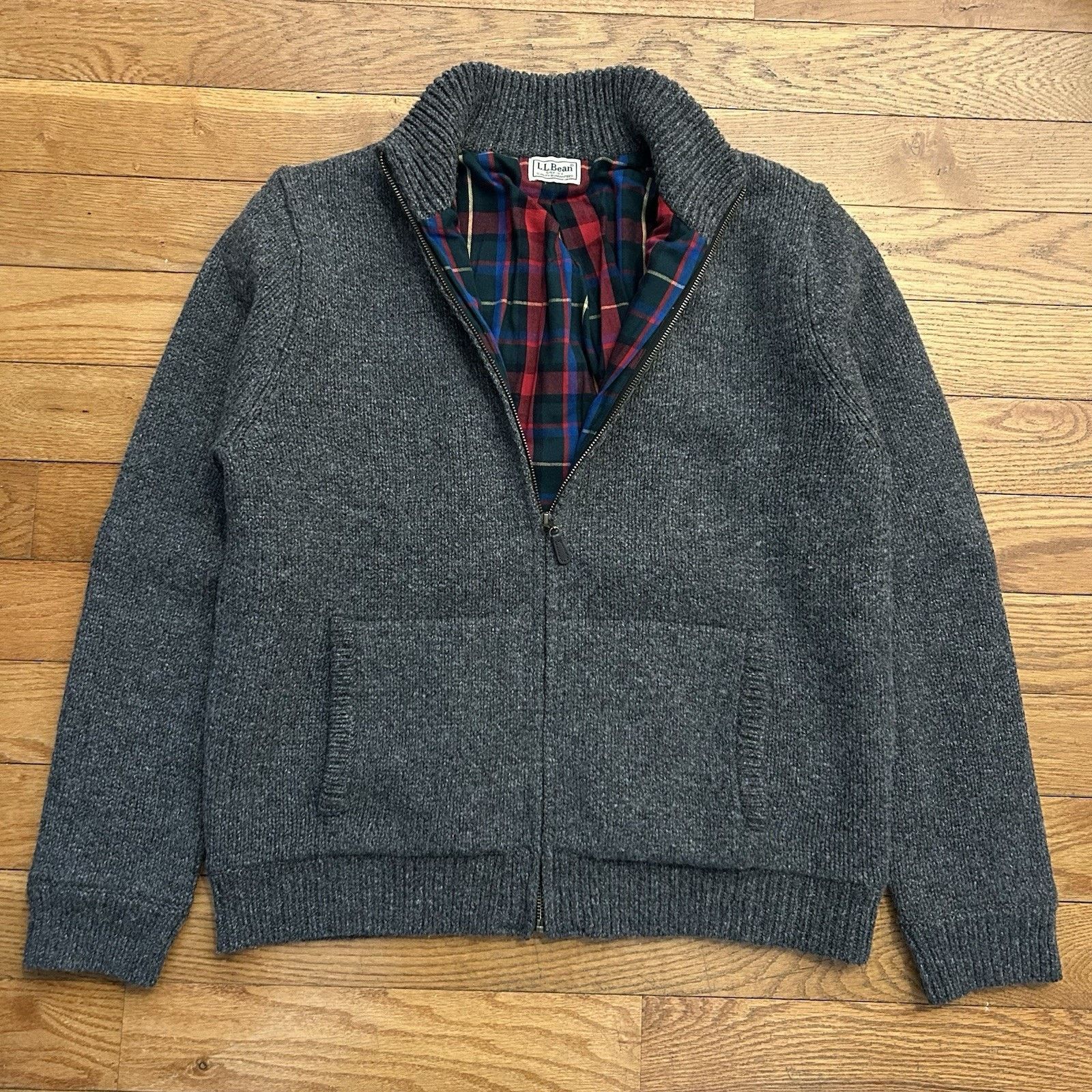 L.L. Bean Wool Knit Plaid Flannel Lined Zip Kangaroo Pocket Sweater Size US L / EU 52-54 / 3 - 1 Thumbnail