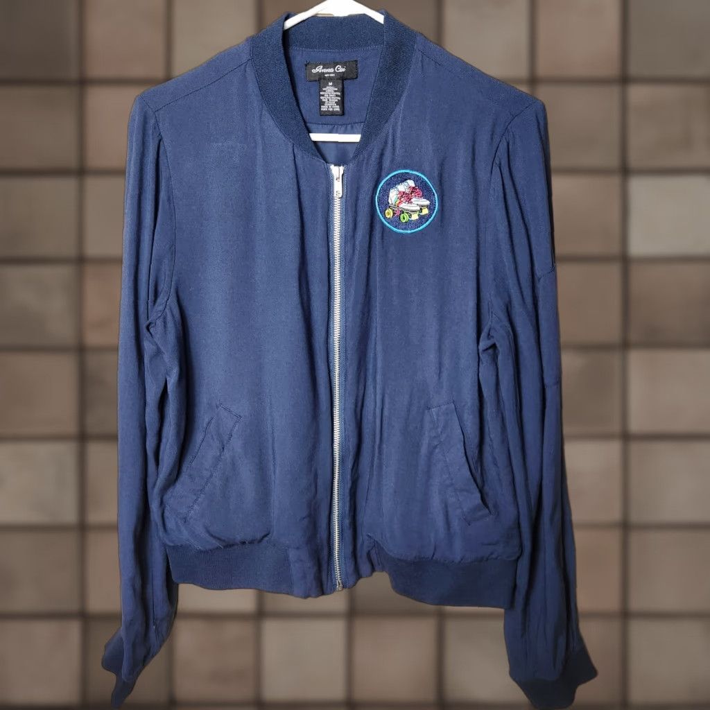 Vintage Francescas Bomber Jacket-Size M Navy Blue Short Sleeve Long Sleeve ZIP Embroidered Patch Roller Blade Ladies Jacket Size M / US 6-8 / IT 42-44 - 1 Thumbnail
