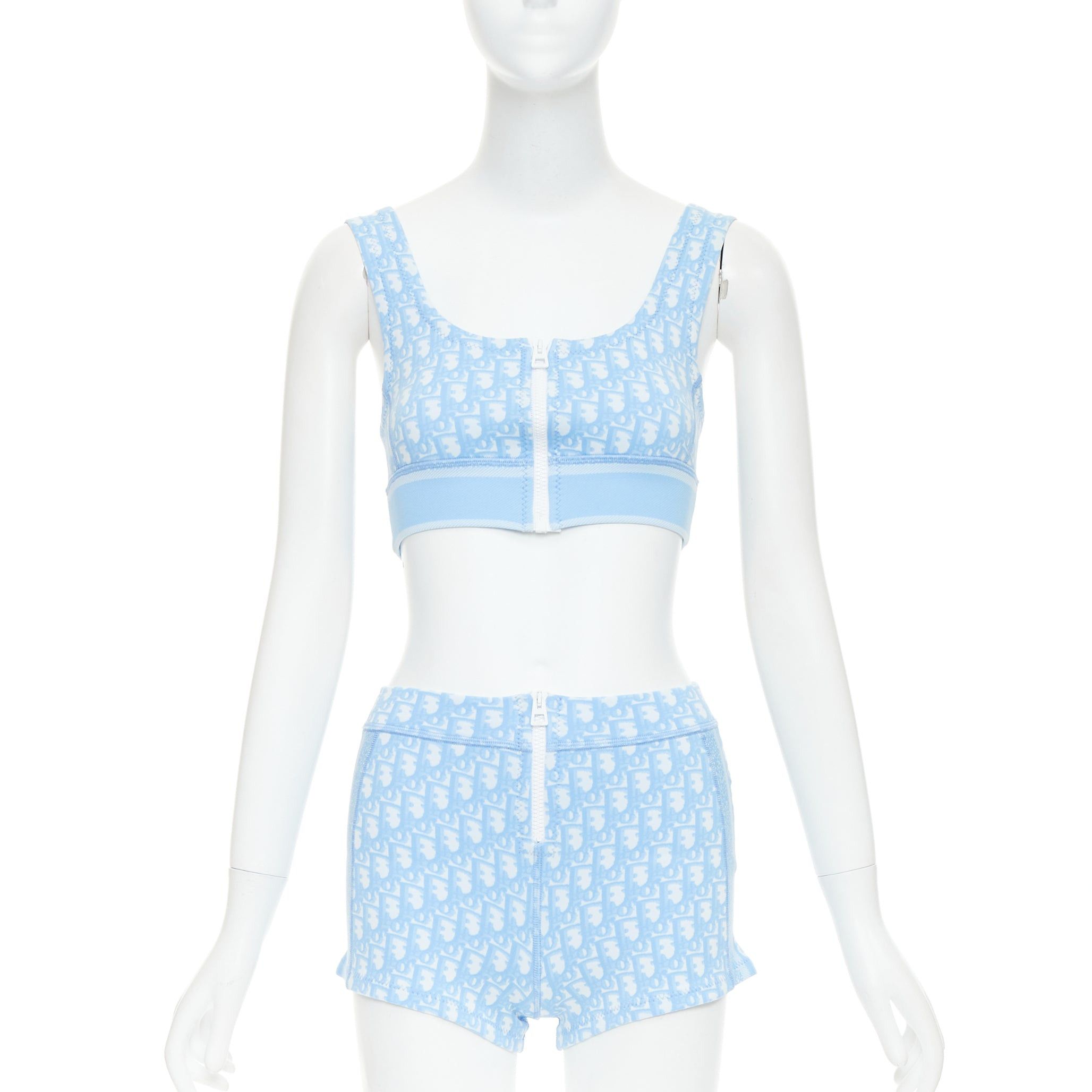 Dior CHRISTIAN DIOR 2021 blue white Oblique monogram zip crop top shorts set FR34 XS Size ONE SIZE - 1 Thumbnail