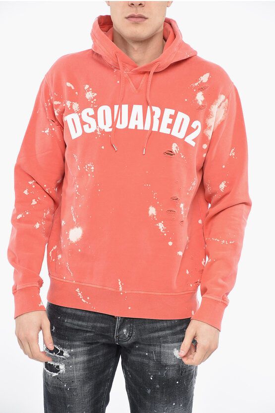 image of Dsquared2 Goth Foam Hoodie Sweatshirt With Distressed Effect in Orange, Men's (Size Small)