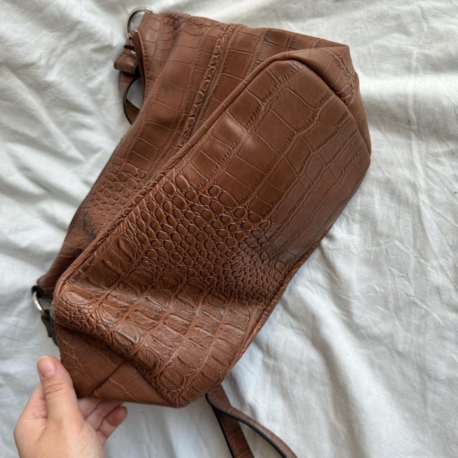 Other Brown Eco Croc Embossed Backpack Purse with Silver Accent Size ONE SIZE - 4 Thumbnail