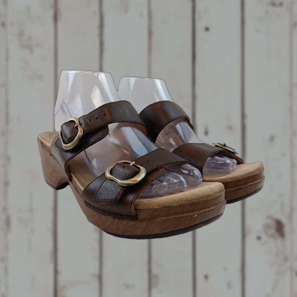 Dansko Dansko Women's Sandals Brown Leather Slide Mule Dual Buckles Open Toe Wedge Strappy Size US 10 / IT 40 - 1 Thumbnail