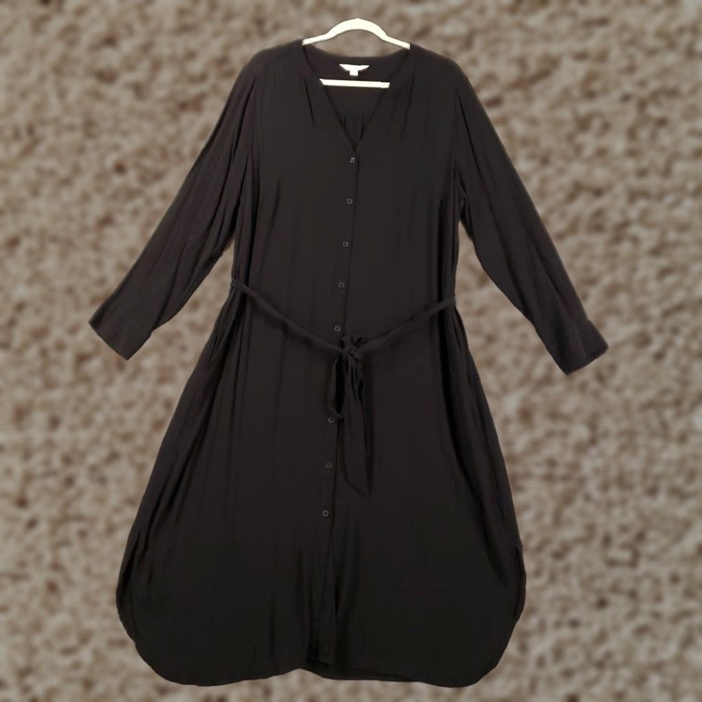 Vintage Terra & Sky Dress Shirt Dress Womens 14W Belted Midi Black V-Neck Long Sleeve Button Front 14W Adult Women Size XL / US 12-14 / IT 48-50 - 1 Thumbnail