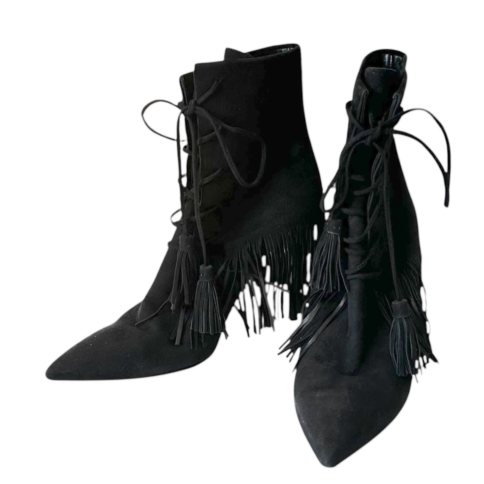 Aquazzura AQUAZZURA Mustang 105 Fringe Heeled Ankle Boots In Black Sue Size US 7 / IT 37 - 1 Thumbnail