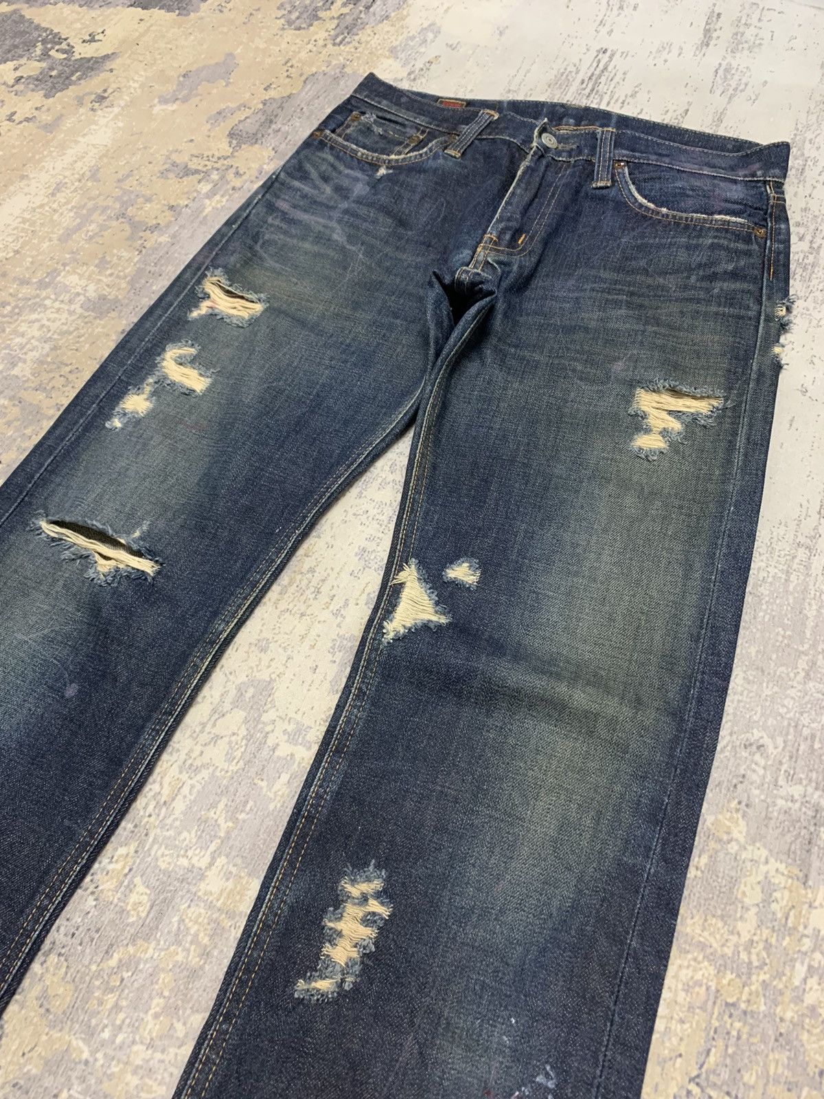 Japanese Brand Edwin 505 Lowrize Selvedge Distressed Denim Jeans W30x32.5 Size US 30 / EU 46 - 3 Thumbnail