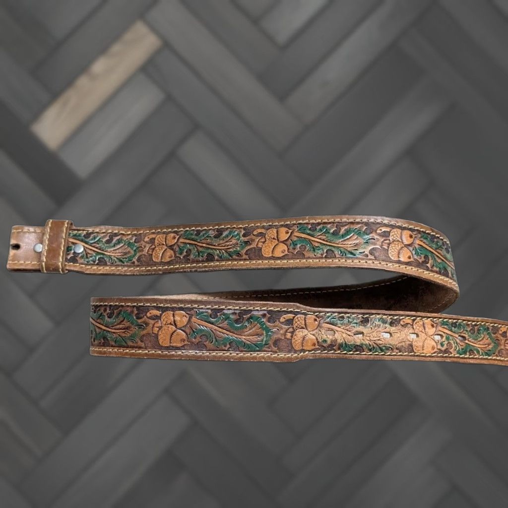 Vintage VINTAGE western belt tooled hand crafted 38 brown cowhide leather ACORNS buckle tapered belt Mens Size 38 - 1 Thumbnail