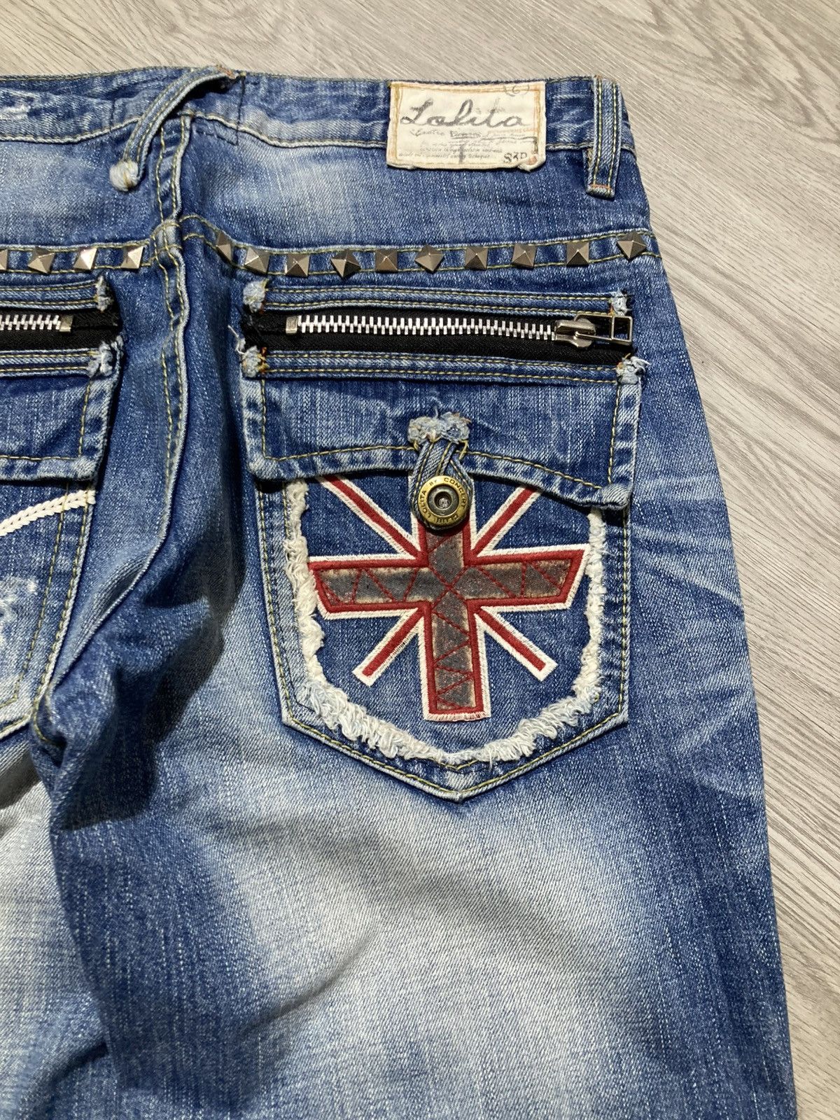 If Six Was Nine 2000s Lolita Y2k Studded Faded 3/4 Jeans Pants Lgb Punk Size US 32 / EU 48 - 4 Thumbnail