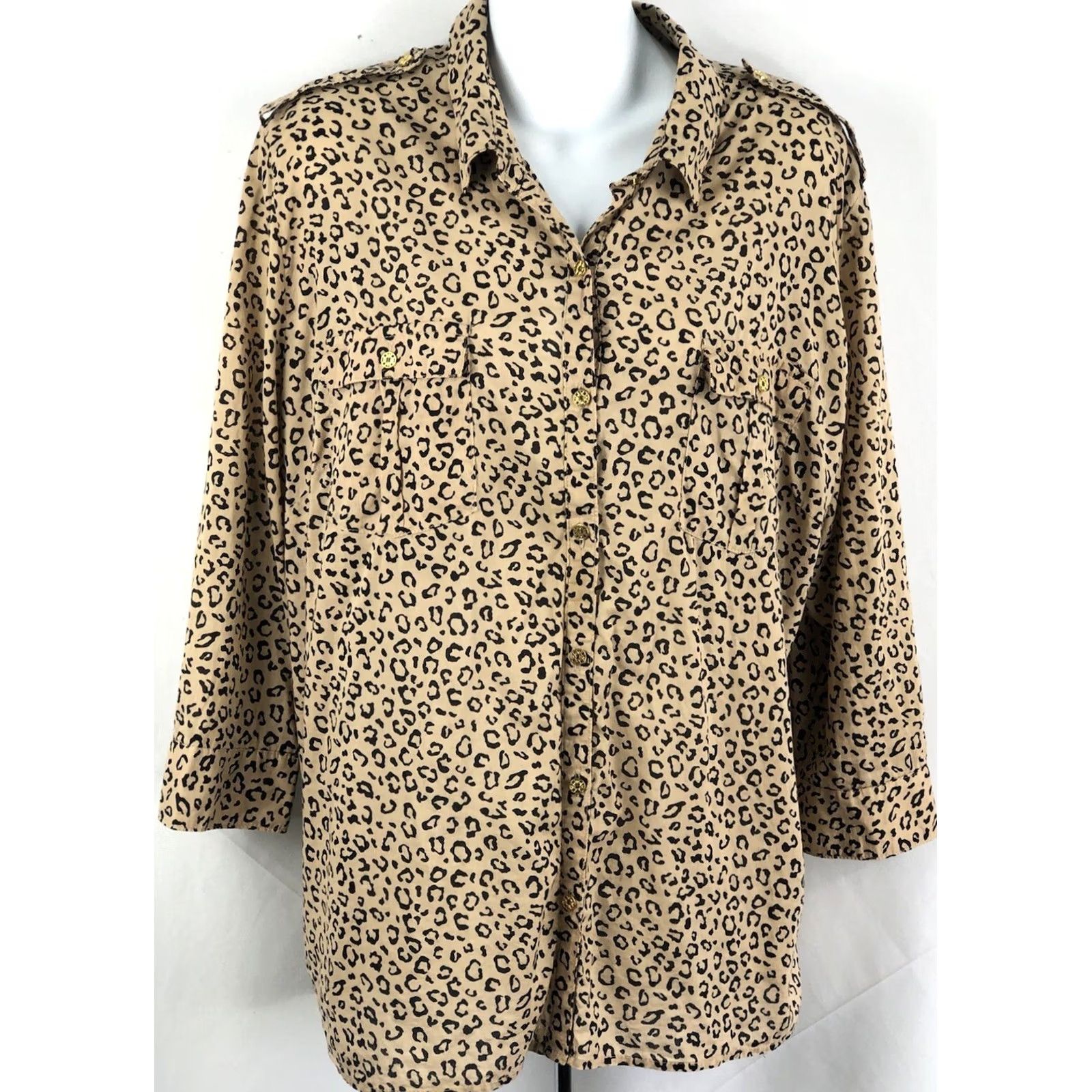 Vintage Vintage Top 2XL Tan Leopard ButtonUp 3/4 RollTab Collar Pocket glam retro y2k 90 Size XXL / US 16-18 / IT 52-54 - 5 Thumbnail