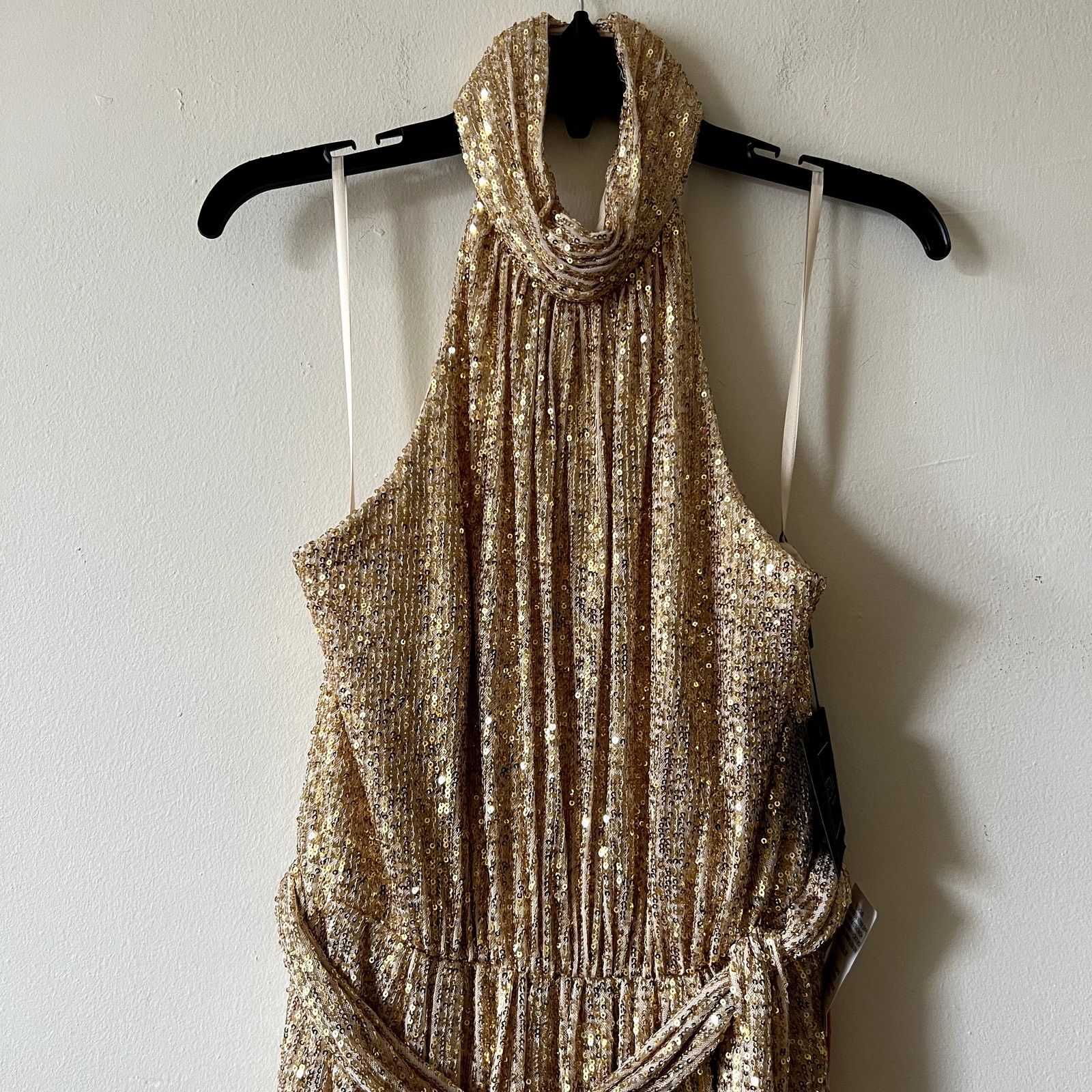 MACH & MACH Mac Duggal Gold Halter Neck Belted Soft Tie Gown size 14 BB Size L / US 10 / IT 46 - 7 Thumbnail