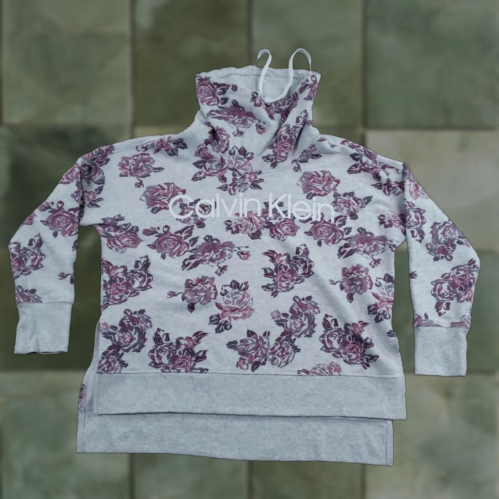 Calvin Klein Calvin Klein Sweatshirt Womens Large Gray Floral Rose Cowl Neck Logo Pullover Size L / US 10 / IT 46 - 1 Thumbnail