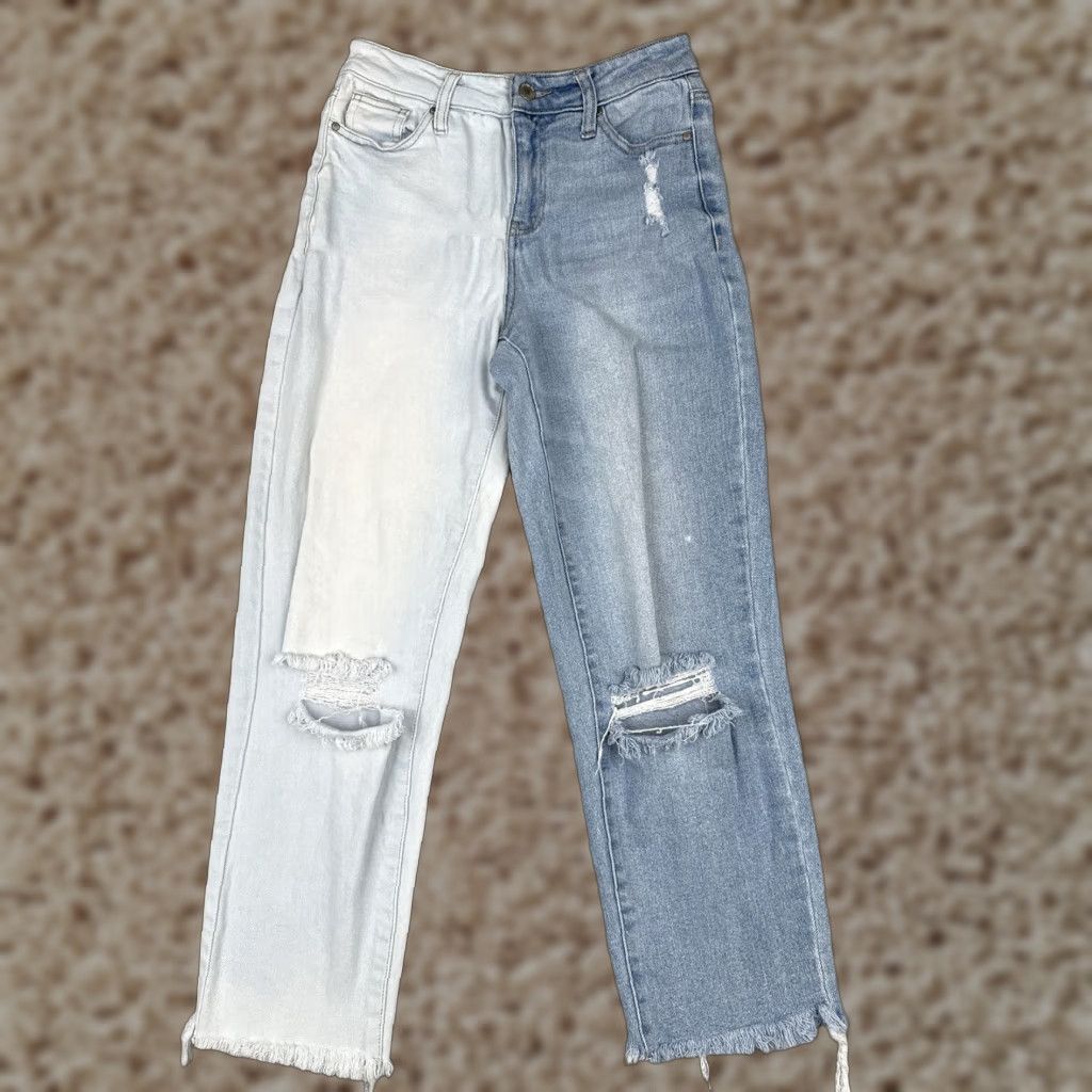 Rsq RSQ Jeans Womens 25 Two Tone High Rise Distressed Raw Hem Light Dark Wash Ripped Jeans Size 42" / US 20 - 1 Thumbnail