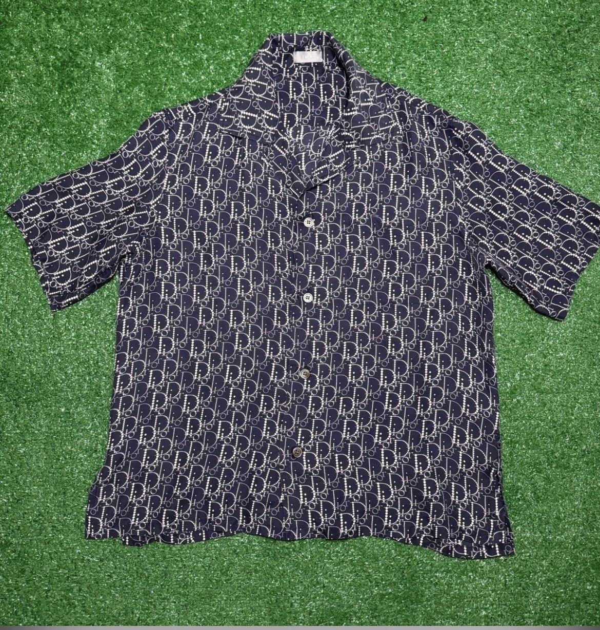 image of Dior Navy Pearl Oblique Silk Button Up Shirt, Men's (Size Medium)