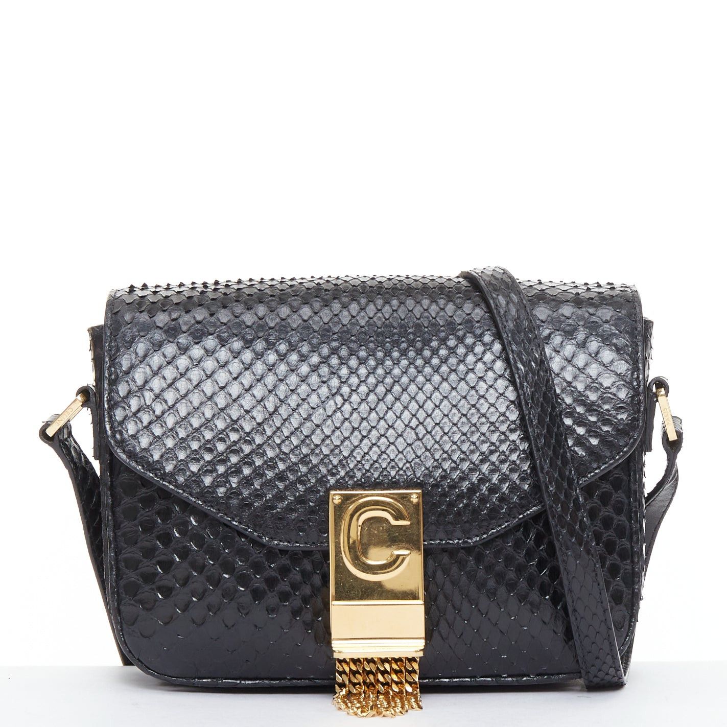 Celine CELINE C Bag Runway black gold scaled leather fringe C clasp crossbody box bag Size ONE SIZE - 1 Thumbnail