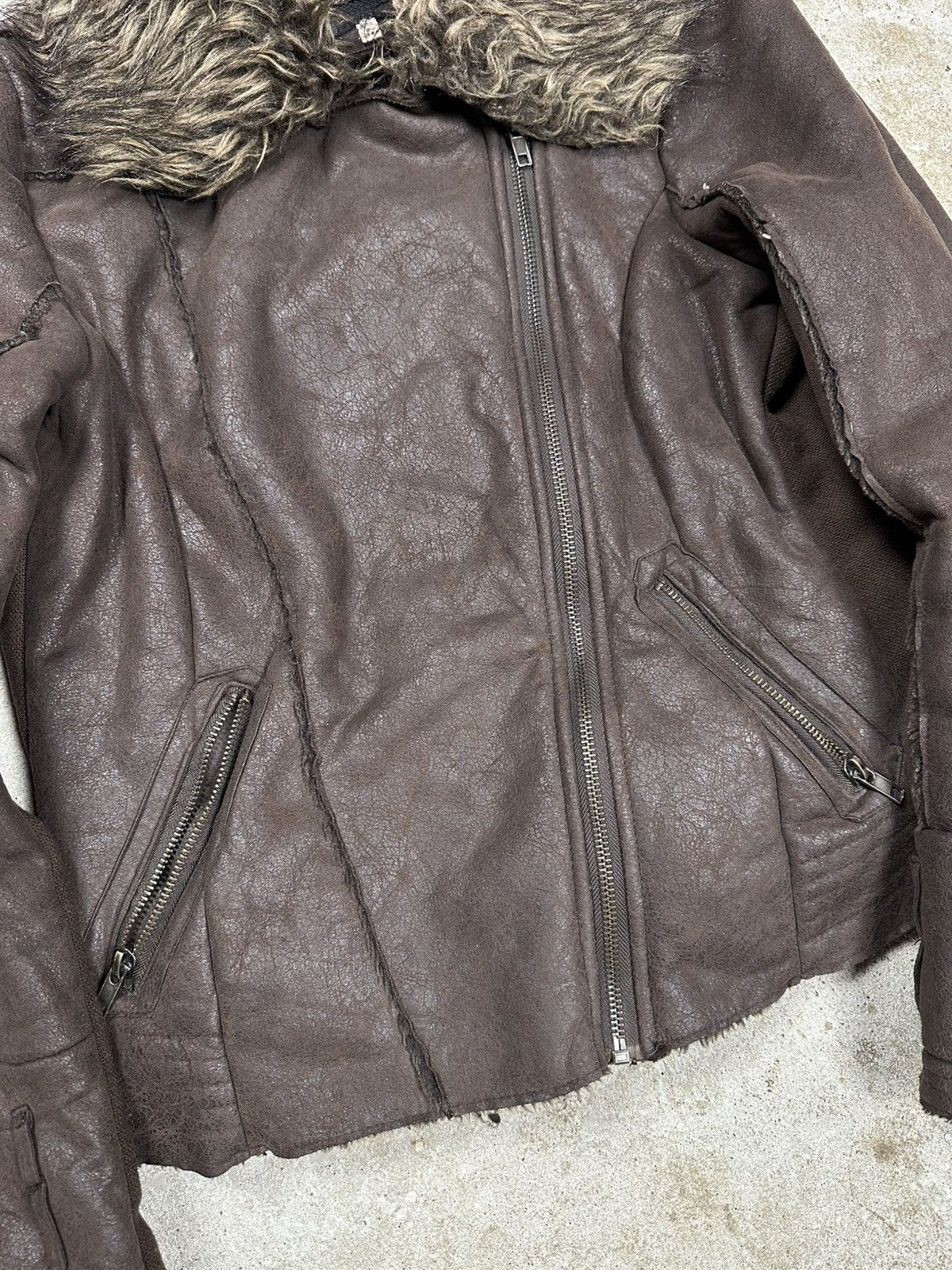 Japanese Brand Vintage Y2K Faux Fur Collar Brown Asymmetrical Biker Jacket Size XS / US 0-2 / IT 36-38 - 5 Thumbnail