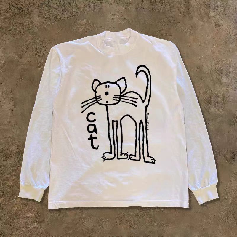 Vintage White retro cat print long-sleeved t-shirt Size US M / EU 48-50 / 2 - 1 Thumbnail