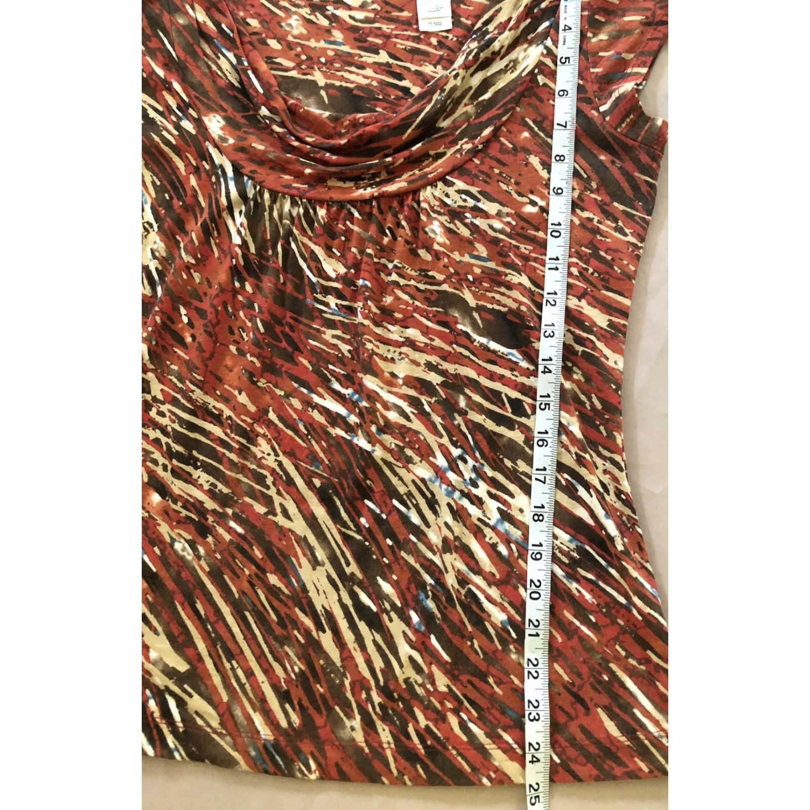 CO Liz & Co Scoop Cowl Draped Neck Top S Orange Geo Pleated Short Sleeve Bohemian Size S / US 4 / IT 40 - 6 Thumbnail
