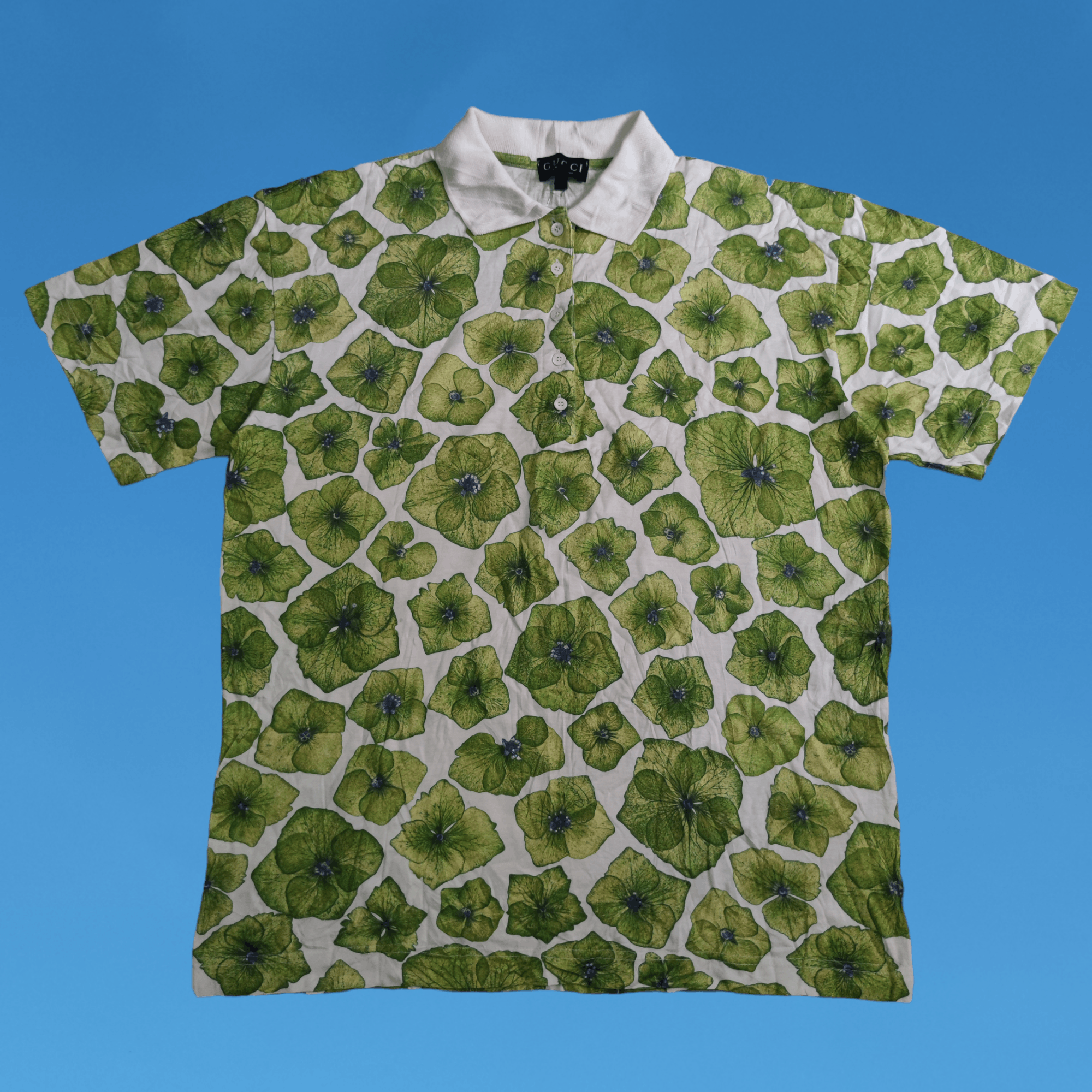 image of S/s 1996 Gucci By Tom Ford Poppy Print Polo Shirt in White/Green, Men's (Size Medium)