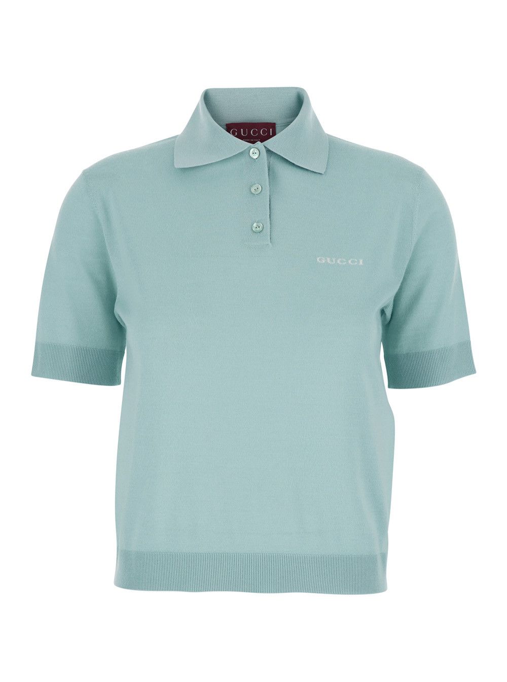 Gucci Light Blue Polo with Classic Collar and Logo Lettering Embroidery on the Front in Wool for Women Size S / US 4 / IT 40 - 1 Thumbnail