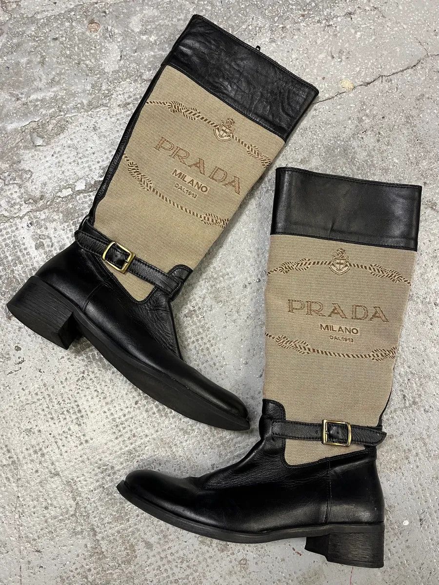 Prada Prada Beige Linen Black Leather Boots Size US 6 / IT 36 - 2 Thumbnail