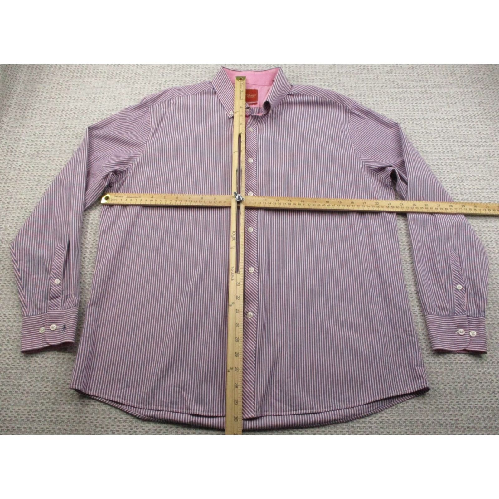Vintage Penguin Munsingwear Shirt Mens Large Slim Fit Long Sleeve Pink Blue Striped Dress Shirt Size 46R - 7 Thumbnail