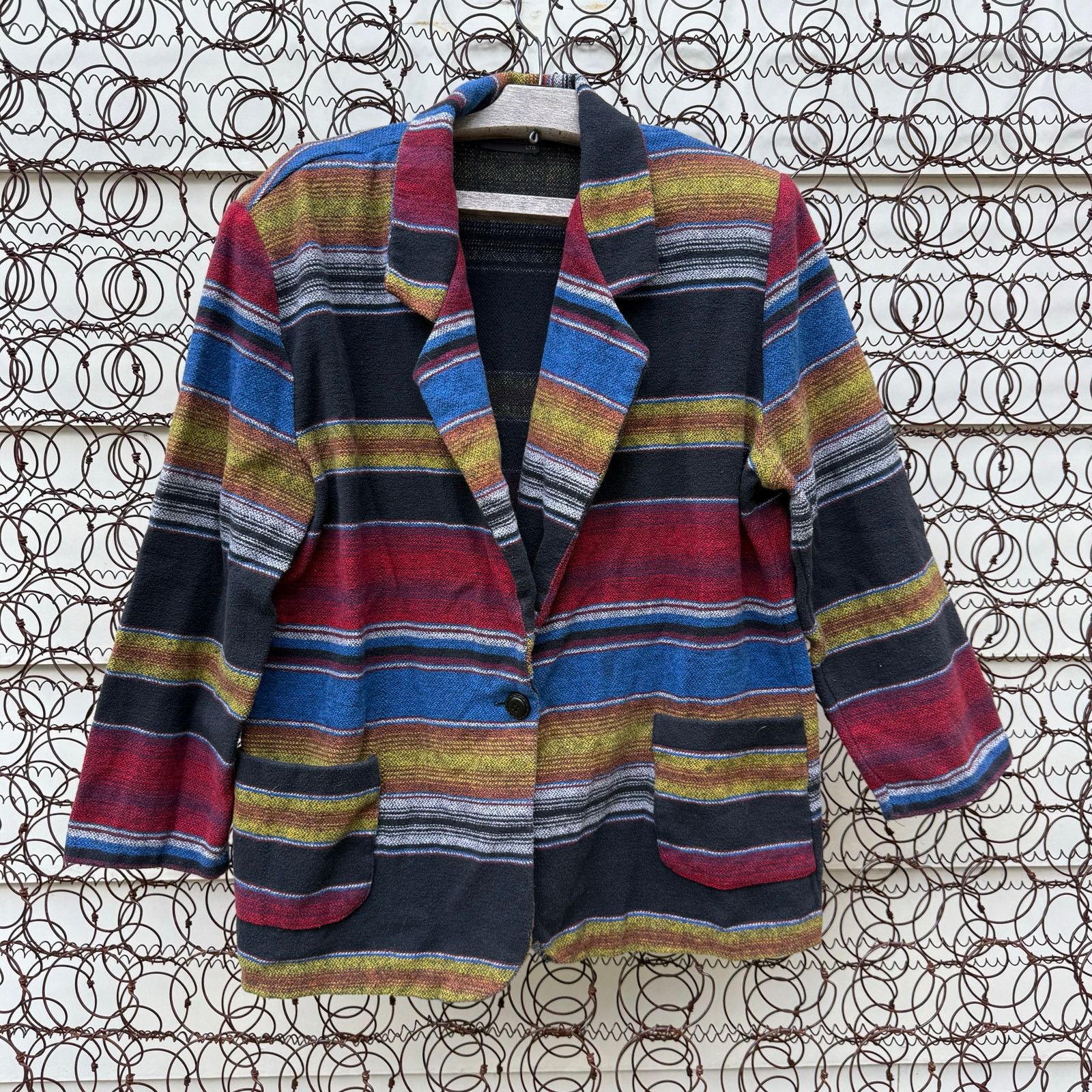 Vintage 90s Saddle Blanket Stripe Western Boxy Blazer Dark Tones LG Size L / US 10 / IT 46 - 1 Thumbnail