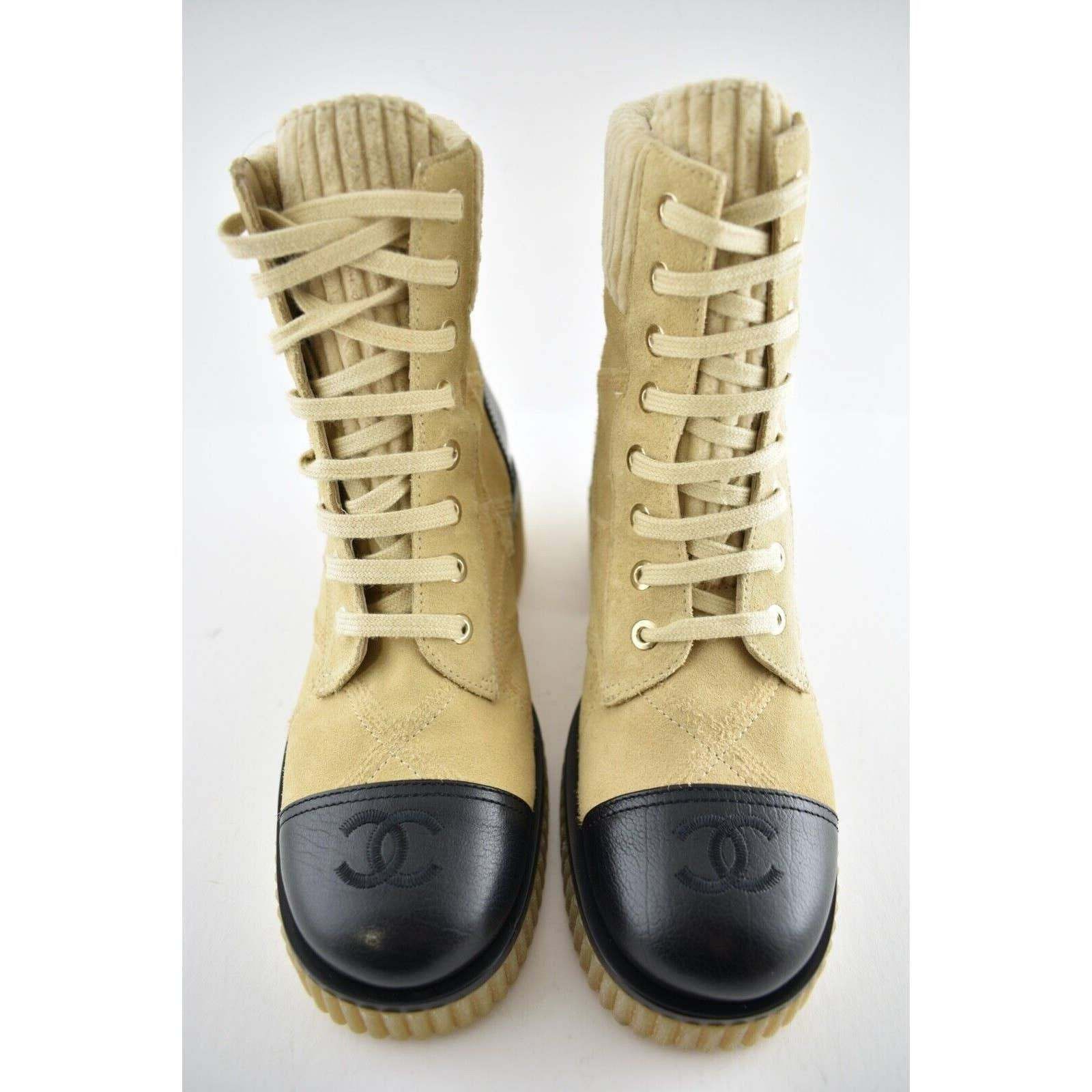 Chanel Chanel 20B Beige Black Quilted CC Platform Combat Lace Up Size US 5 / IT 35 - 3 Thumbnail