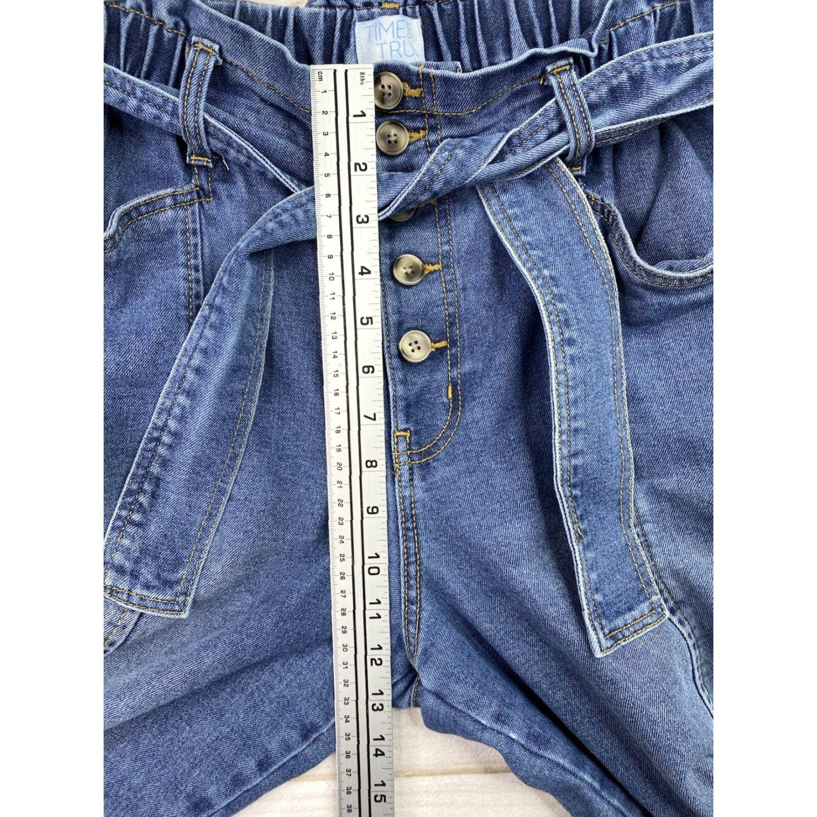 Vintage Time And Tru Jeans Womens 12 High Rise Button Fly Distressed Belted Paperbag Denim Blue Cotton Blend Spandex Skinny 5-Pocket Womens Size 34" / US 12 / IT 48 - 3 Thumbnail