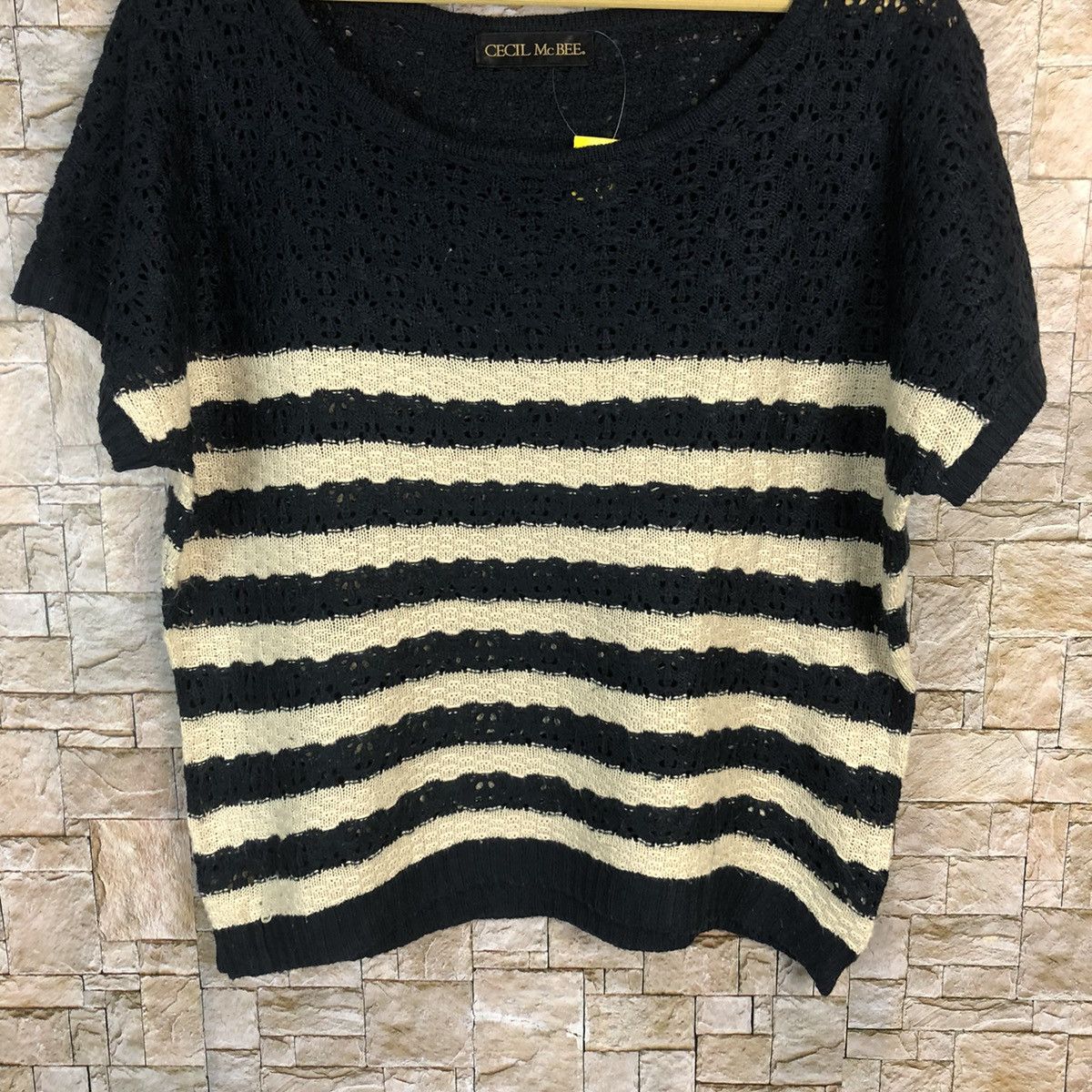 Homespun Knitwear × Japanese Brand × OVER THE STRiPES Cecil Mcbee Stripe crochet mesh net Dark Blue Knitwear #A761 Size M / US 6-8 / IT 42-44 - 3 Thumbnail