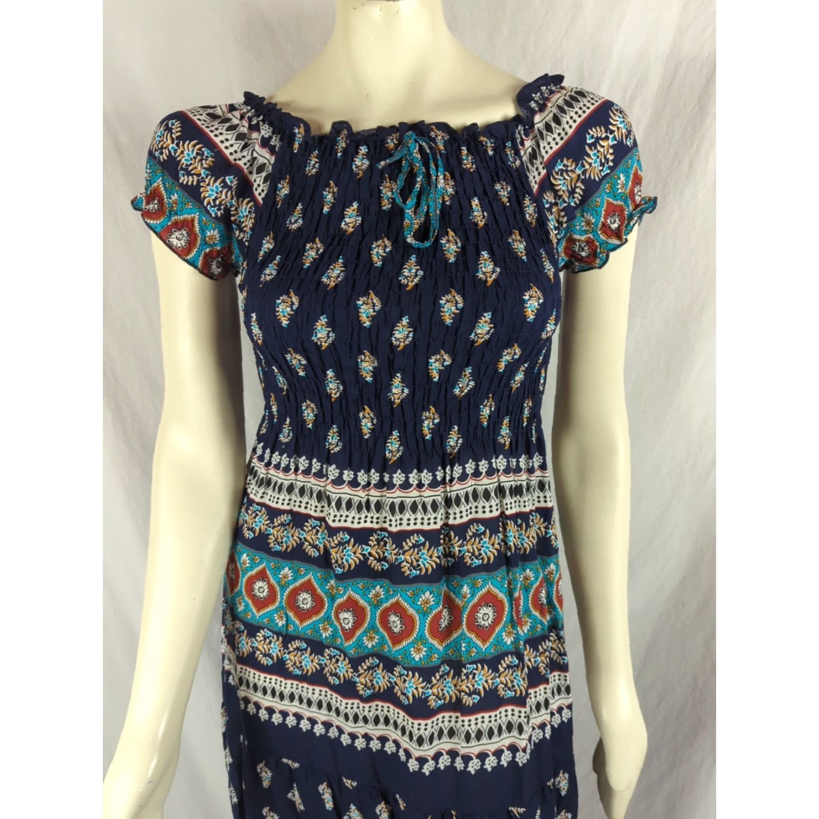 Vintage Kindred Anthropologie Maxi Dress Navy Blue S Short Sleeve Square Neck Smocked Bodice Ruffle Beach Flower Peasant Size S / US 4 / IT 40 - 2 Thumbnail