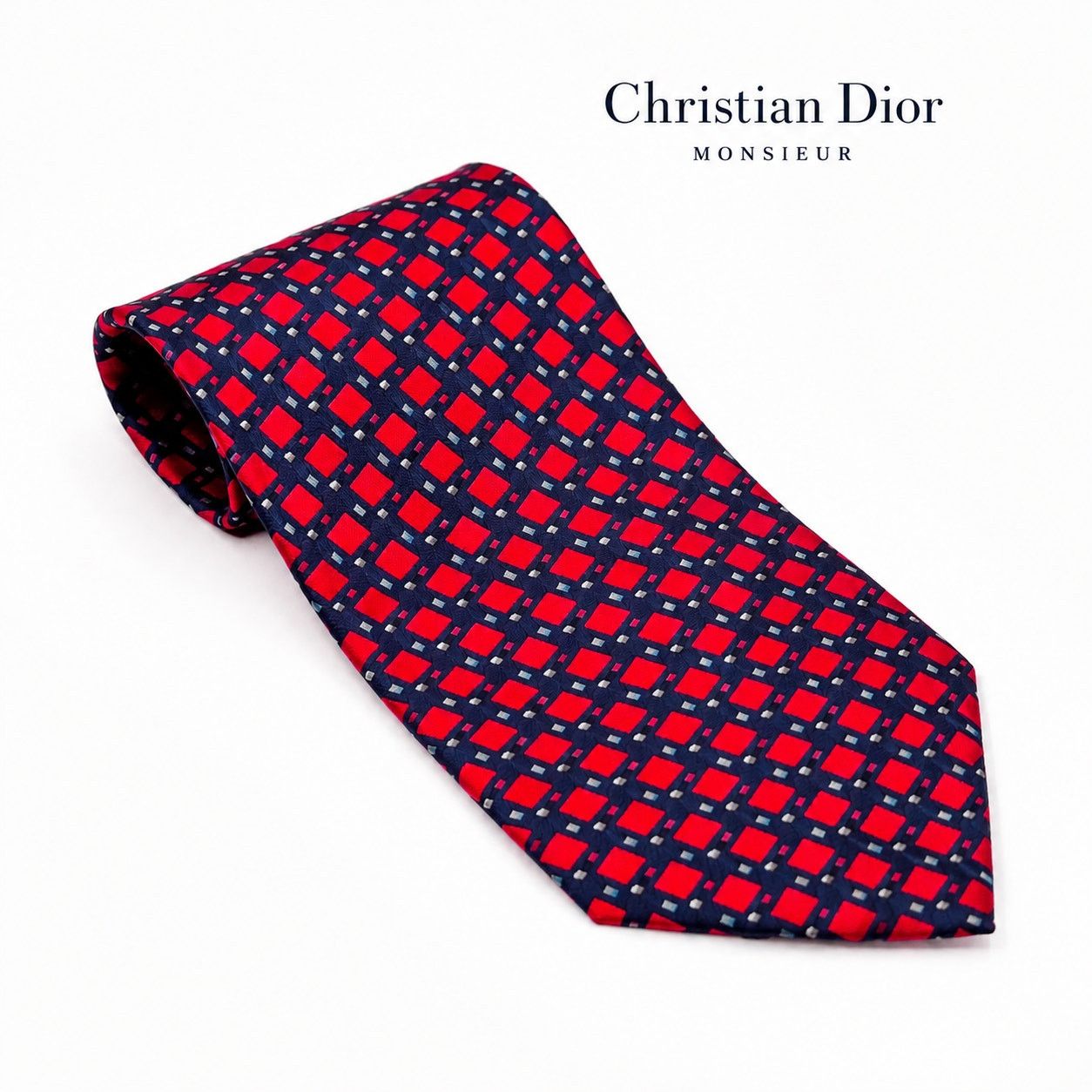 Christian Dior Monsieur Christian Dior Monsieur Silk Tie Navy Red Geometric Designer Size ONE SIZE - 1 Thumbnail