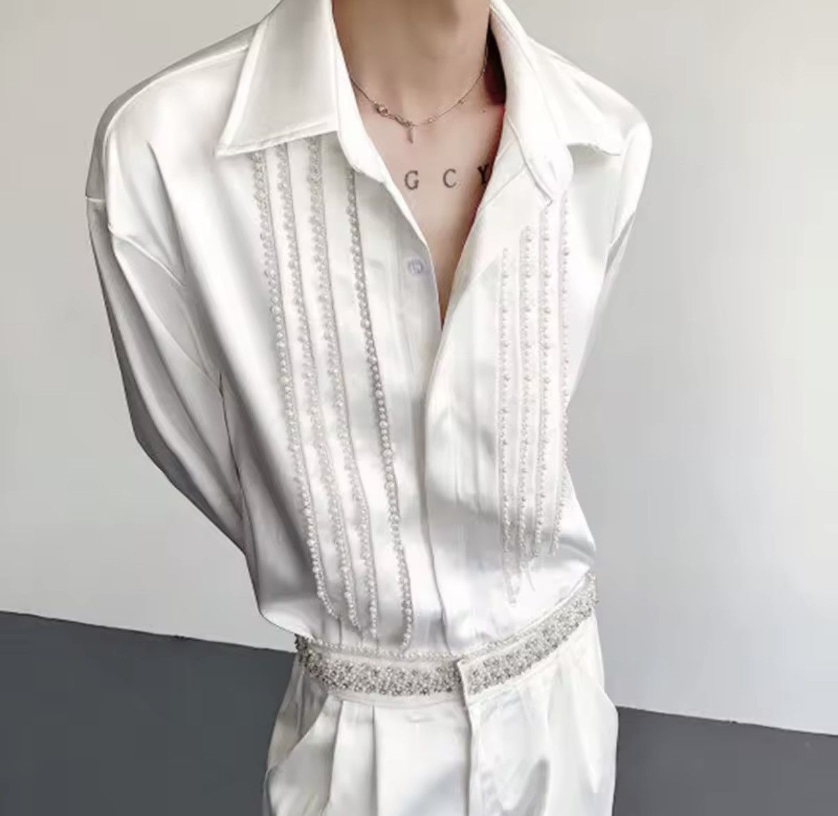 Other Streetwear Pearl Decoration Solid Patchwork Shirt Size US M / EU 48-50 / 2 - 2 Thumbnail