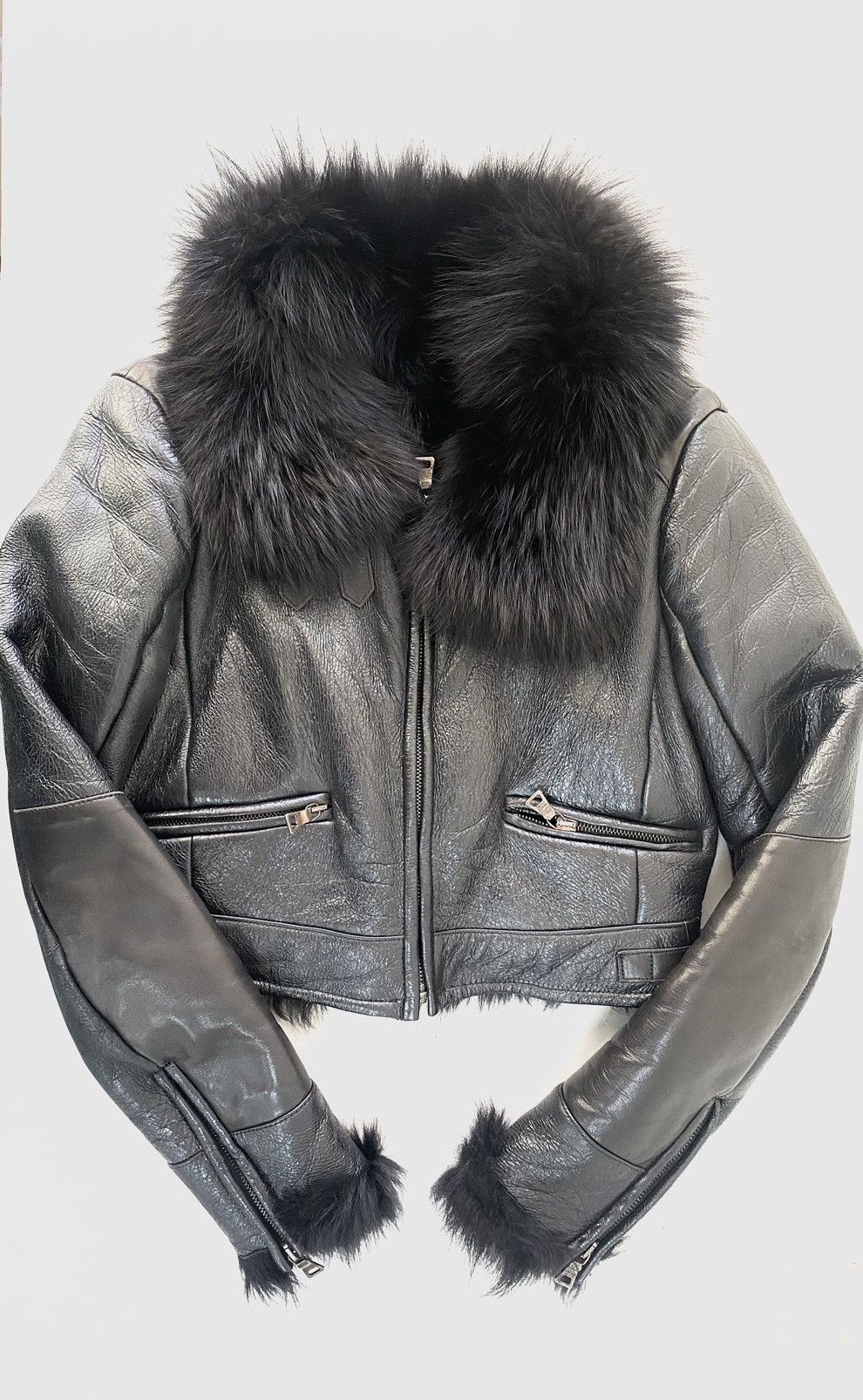 image of Prada Blue Fox Fur Leather Jacket in Black, Women's (Size XS)