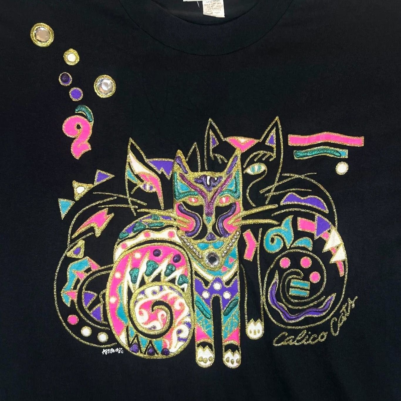 Vintage VINTAGE ACCESSORY LADY Calico Cats Glitter Jewel Graphic Black Single Stitch T-Shirt Womens XL Size ONE SIZE - 2 Thumbnail