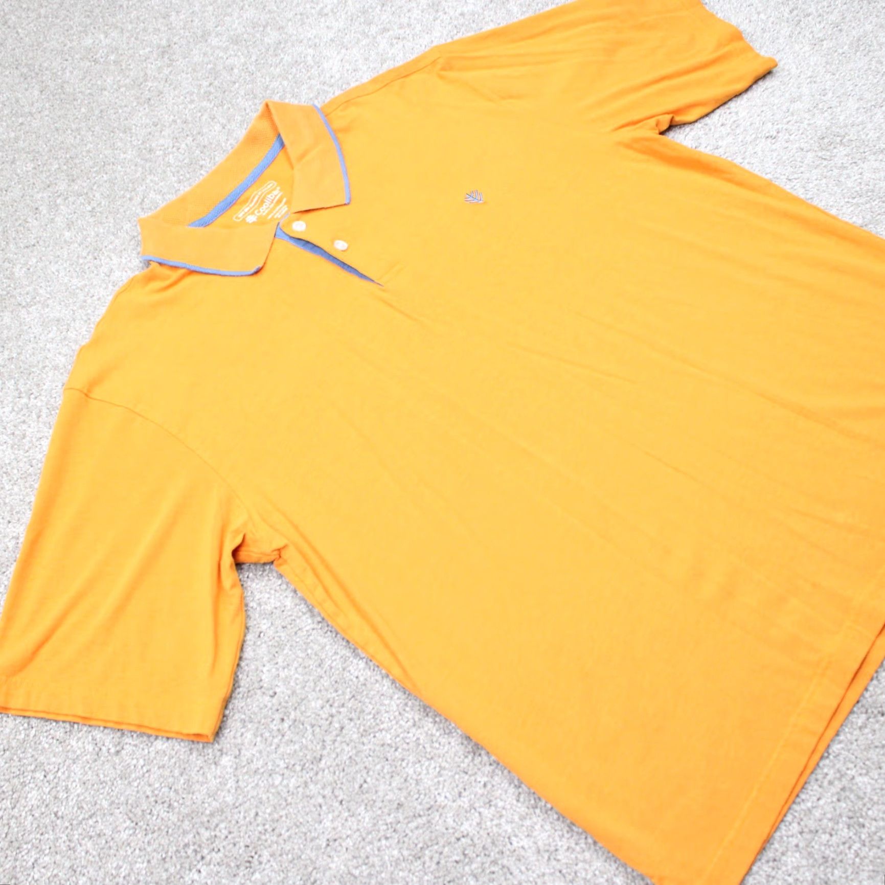 Vintage Coolibar Polo Shirt Mens XL Orange/Blue Poly/Viscose from Bamboo Stretch S/S Polo Shirt Men XL Orange/Blue Logo UV Size US XL / EU 56 / 4 - 6 Thumbnail