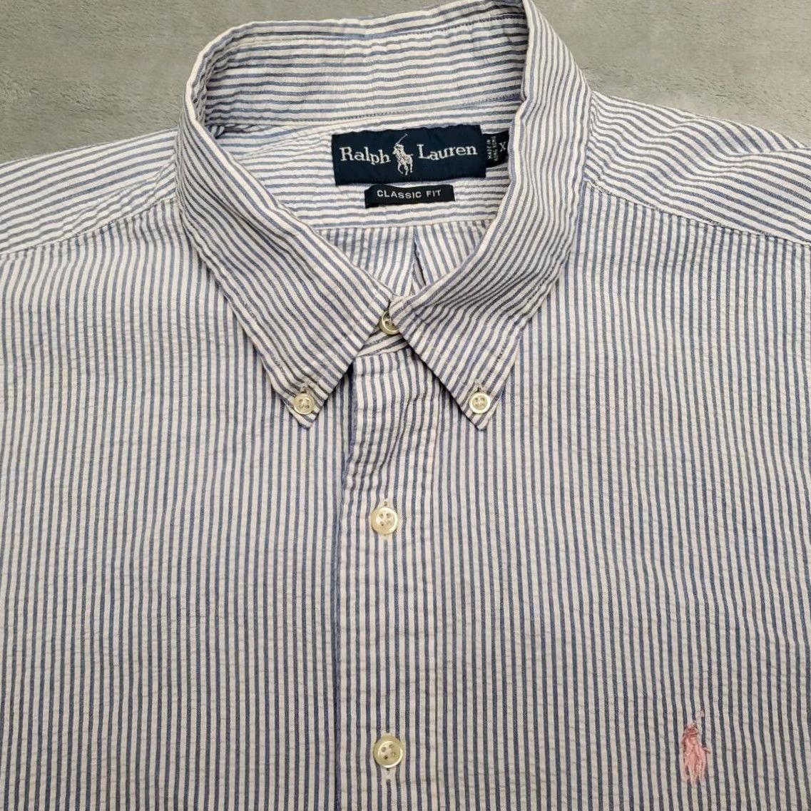 Ralph Lauren VINTAGE Ralph Lauren Shirt Mens 2XL Blue White Stripe Button-Up Short Sleeve Seersucker Crinkle 100% Cotton Logo Pattern Casual Mens Size US XXL / EU 58 / 5 - 3 Thumbnail