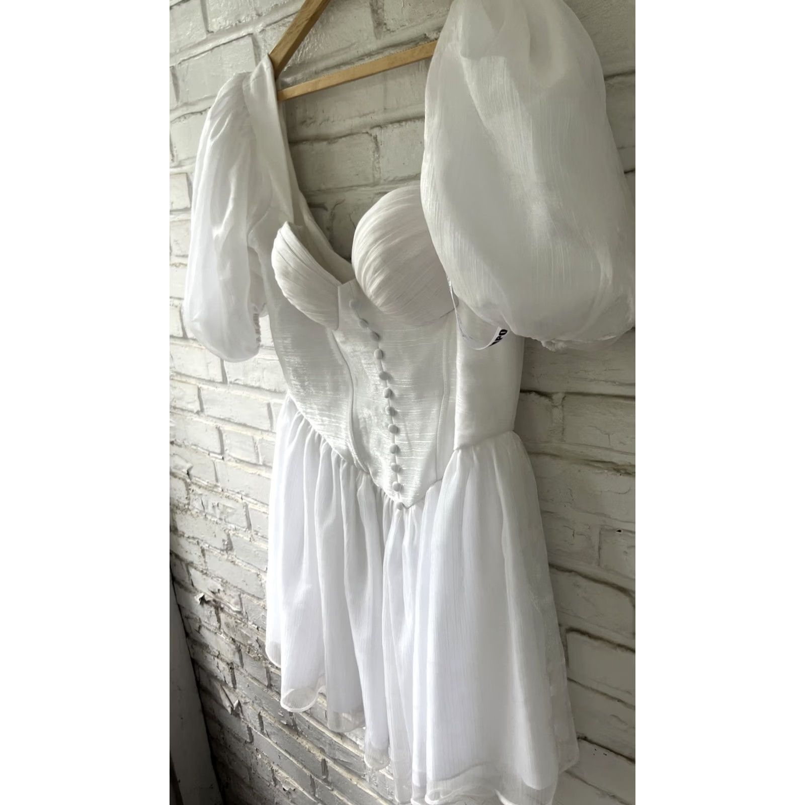 Hereu ADEIRLINA Here Comes the Sun Bridal White Mini Dress XL Puff Sleeve Zipper Corset Chiffon Short Size XL / US 12-14 / IT 48-50 - 7 Thumbnail