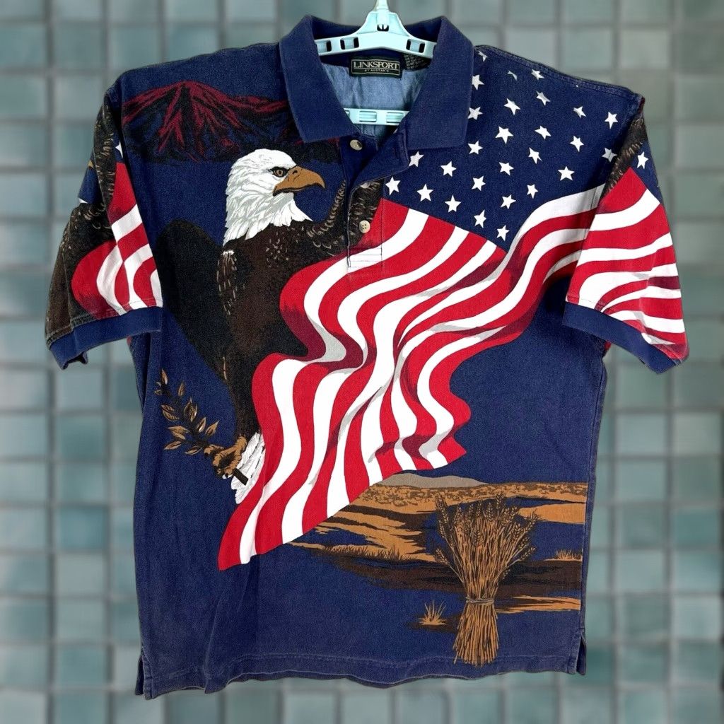 Vintage Linksport by Austad's American Eagle Flag AOP Polo Shirt Mens XL Blue 100% Cotton Short Sleeve Graphic Print Eagle USA Flag Polo Mens XL Blue Size US XL / EU 56 / 4 - 1 Thumbnail