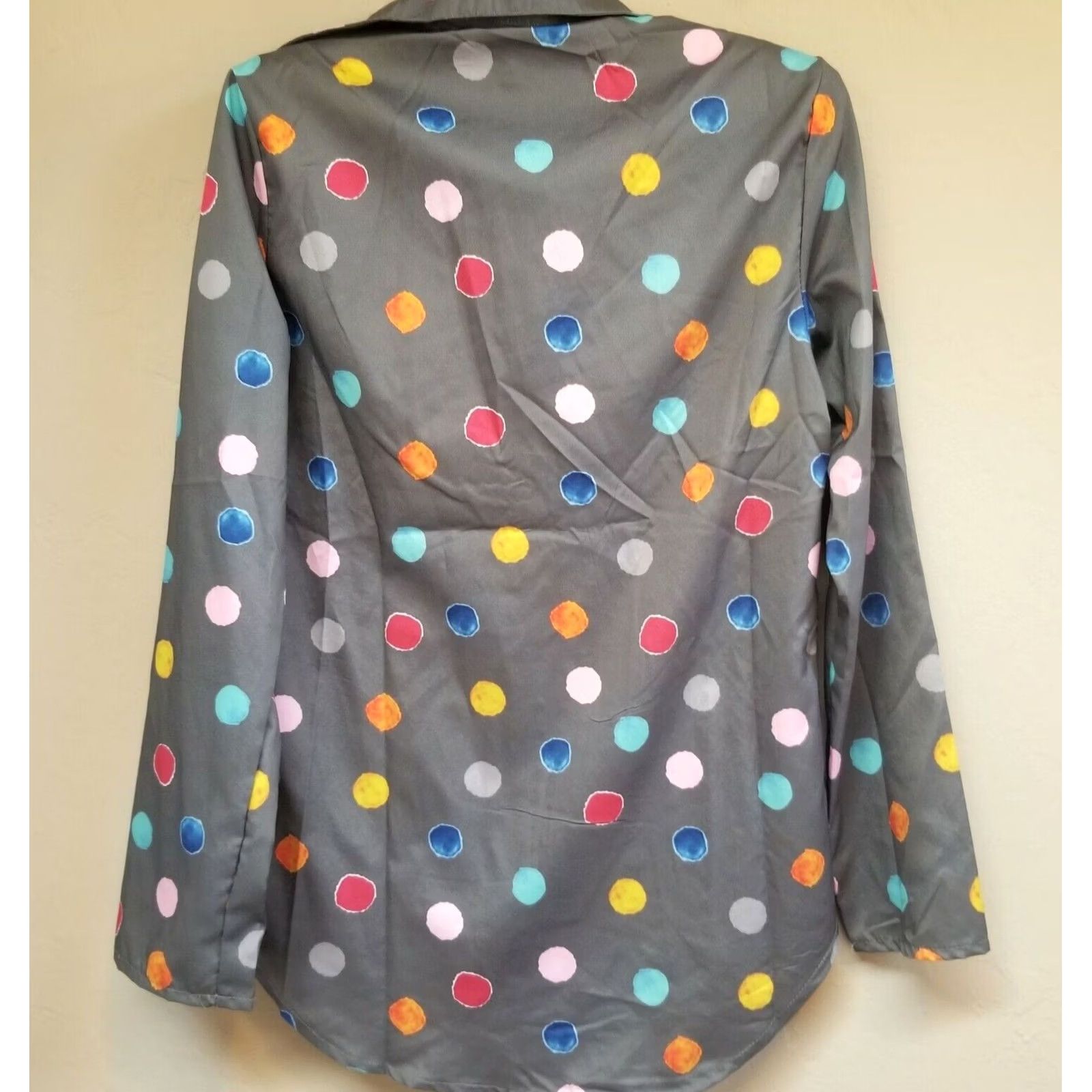 Vintage OC Order Plus Women Blouse Top Small Gray Polka Dot V-Neck Long Sleeve Casual Size S / US 4 / IT 40 - 2 Thumbnail