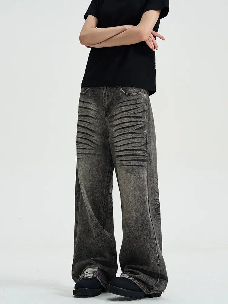 Japanese Brand × Jean Baggy Striped Washed Wide Leg Stack Denim Jeans Size US 34 / EU 50 - 4 Thumbnail