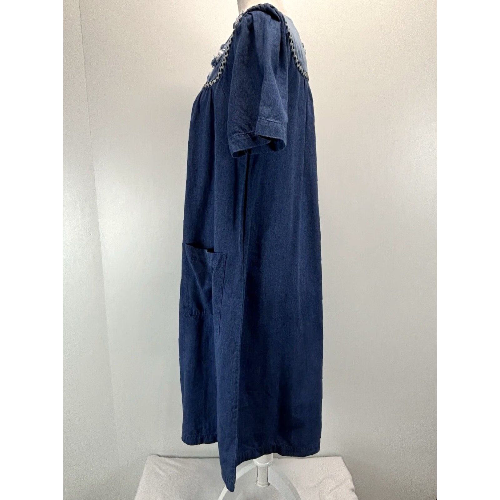 Vintage Go Softly Patio Chambray Cotton Patchwork Midi Dress with Pockets Women's Small Blue Casual Kaftan Size S / US 4 / IT 40 - 2 Thumbnail