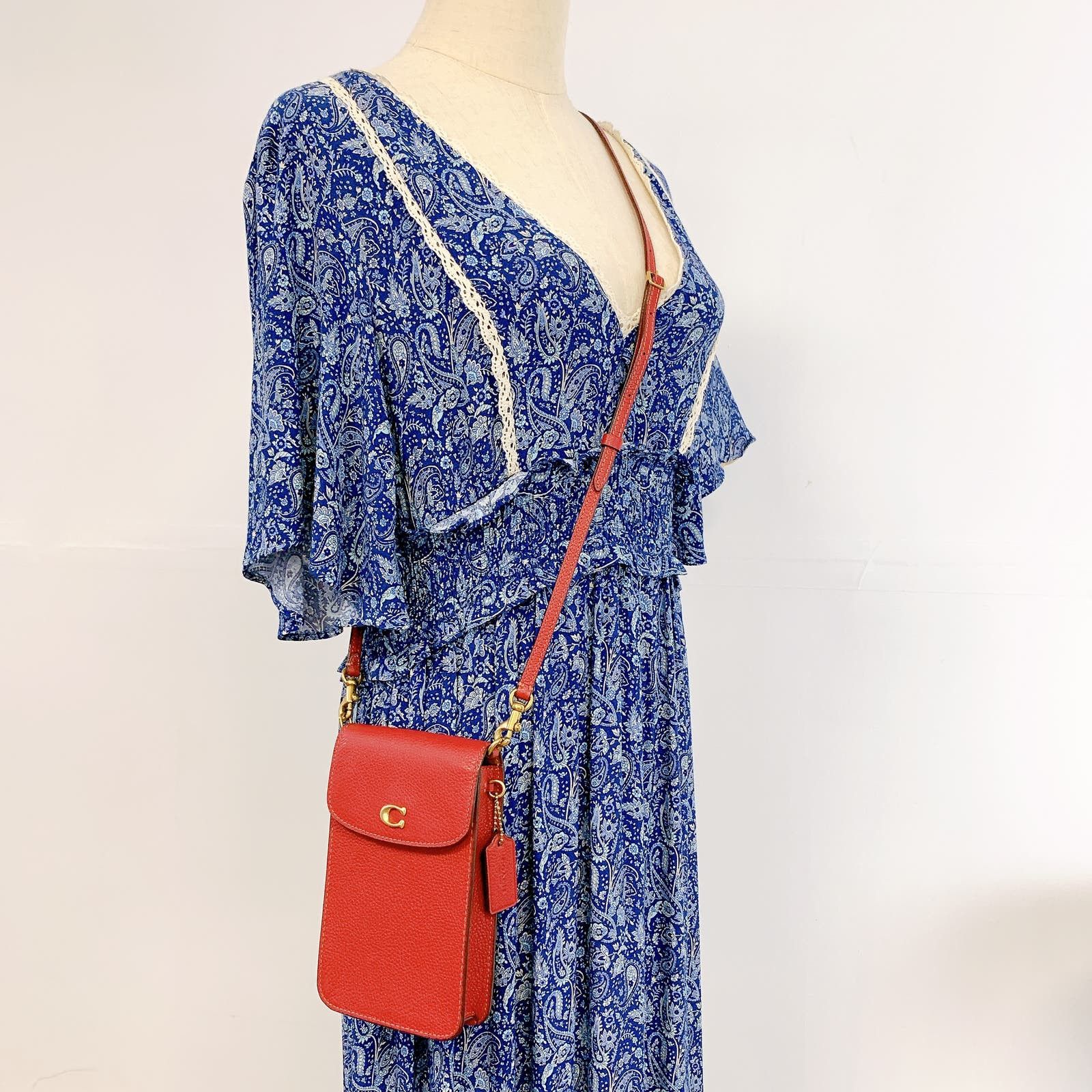 image of Coach Ch815 Pebbled Leather Tone Phone Crossbody Bag In Red, Women's
