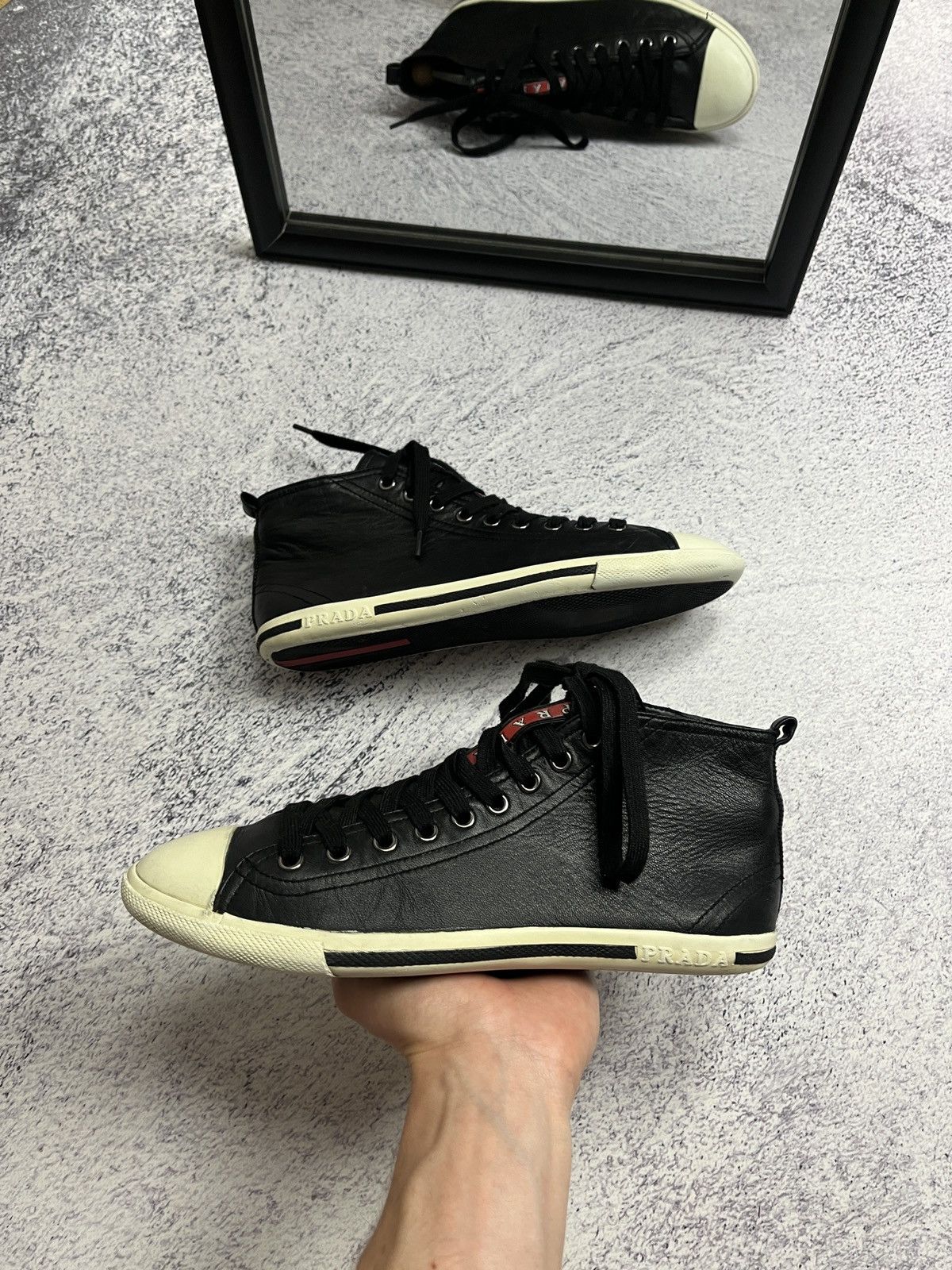 Prada Prada Red Tab Leather High Top Sneakers Shoes Size US 6 / IT 36 - 2 Thumbnail