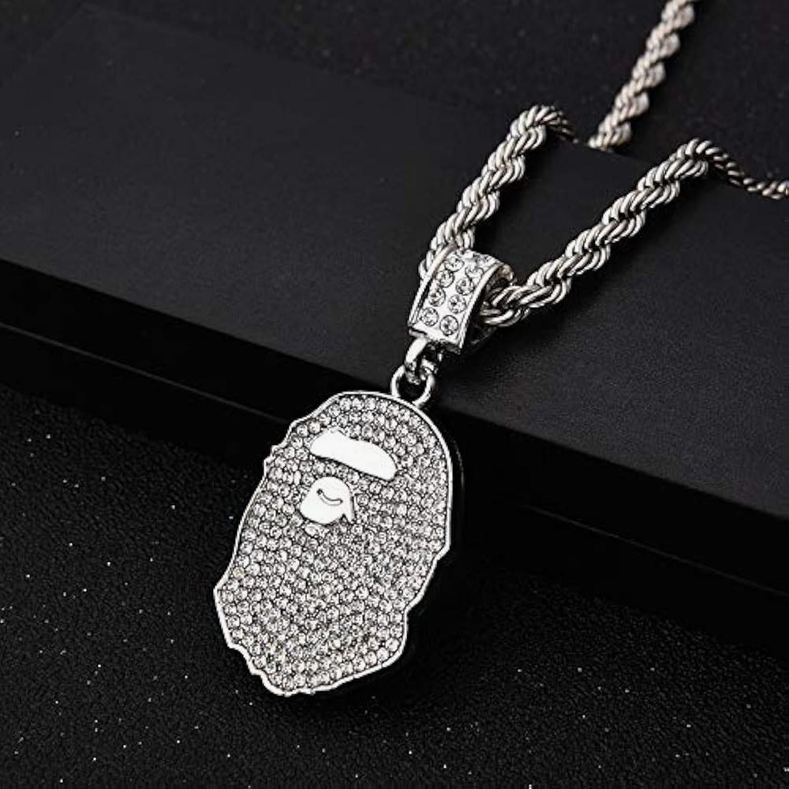 Other Silver Iced Out Ape Head Pendant Necklace w/ Rope Chain Size ONE SIZE - 1 Thumbnail