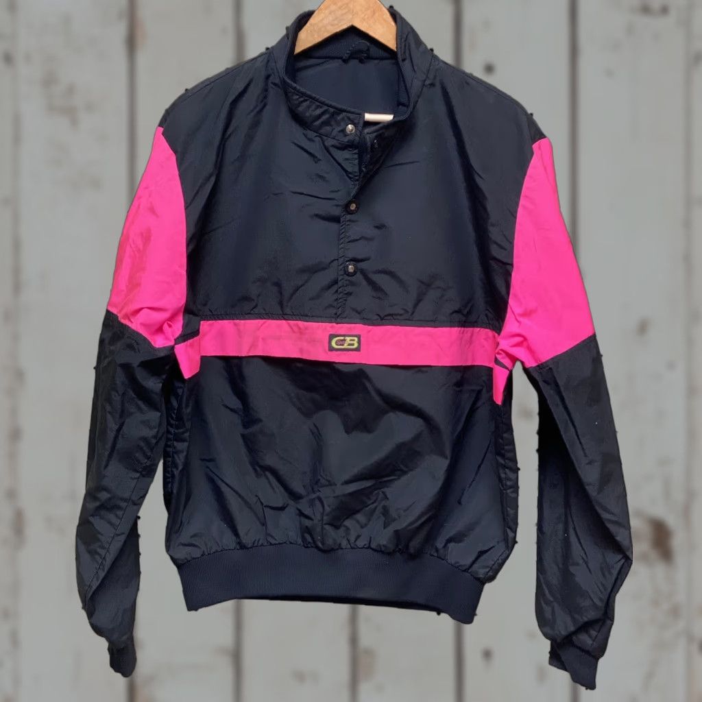 CB Sports VINTAGE CB Sports Jacket Men M/L Neon Pink Black Nylon 1989 1980s Pullover Kangaroo Pocket Snaps Modern Retro Look Men/Womens Size M / US 6-8 / IT 42-44 - 1 Thumbnail