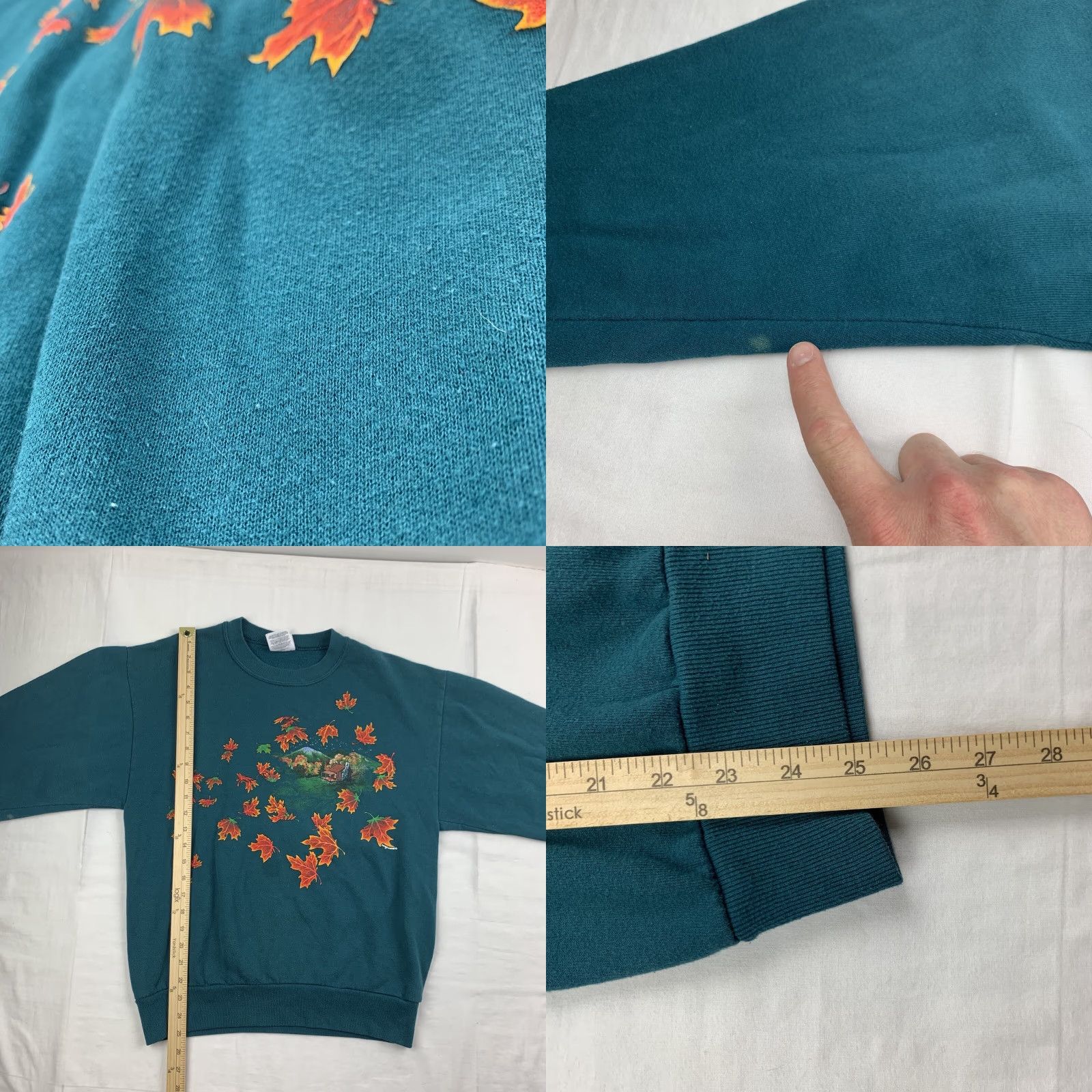 Jerzees VINTAGE Jerzees Sweatshirt Shirt Men M Green 90s Nature Fall Log Cabin Pullover Crew Neck Small Bleach Stains Included Size US M / EU 48-50 / 2 - 8 Thumbnail